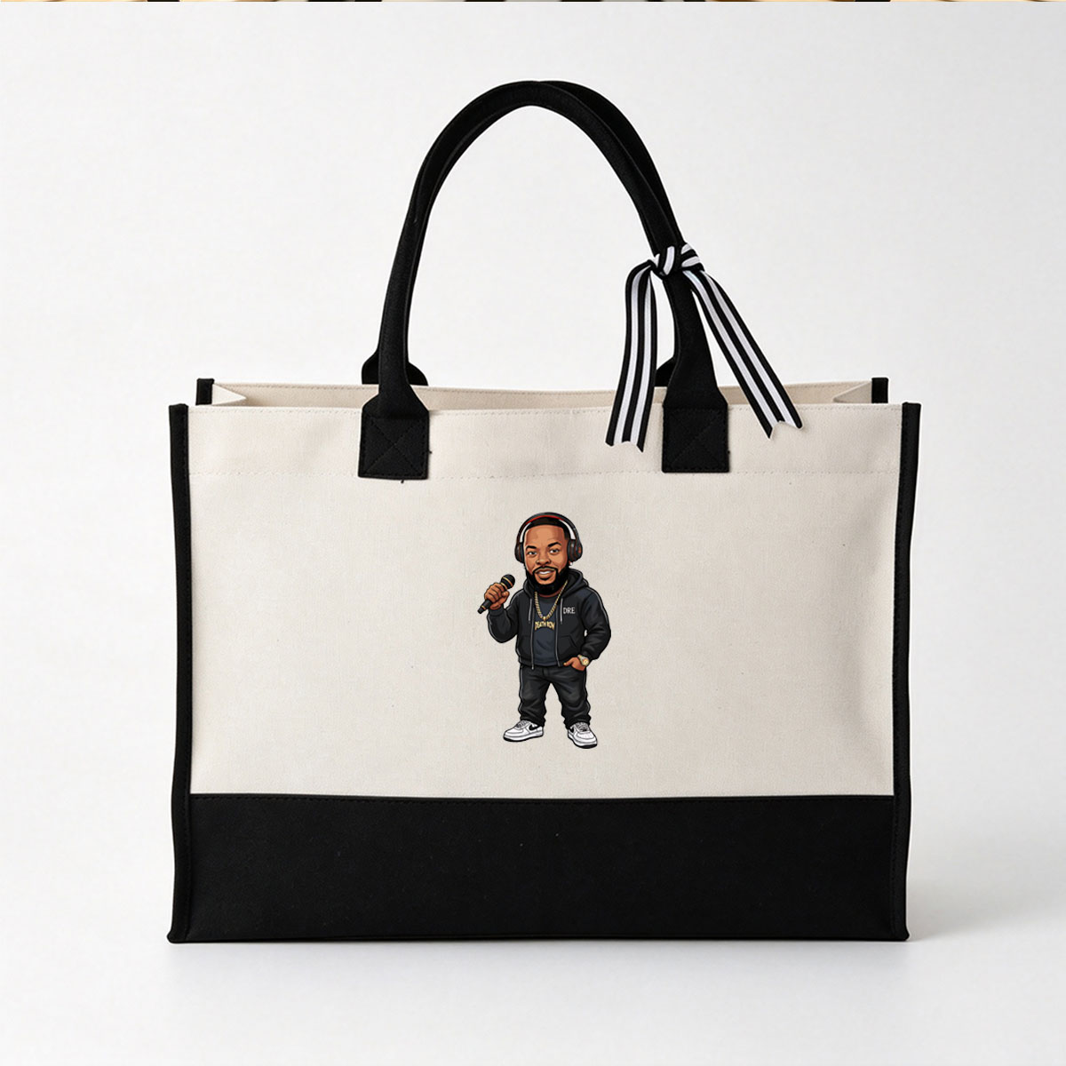 Dr. Dre Cartoon Character Holding Microphone, Wearing Headphones and Death Row Hoodie - Canvas patchwork gift tote bag