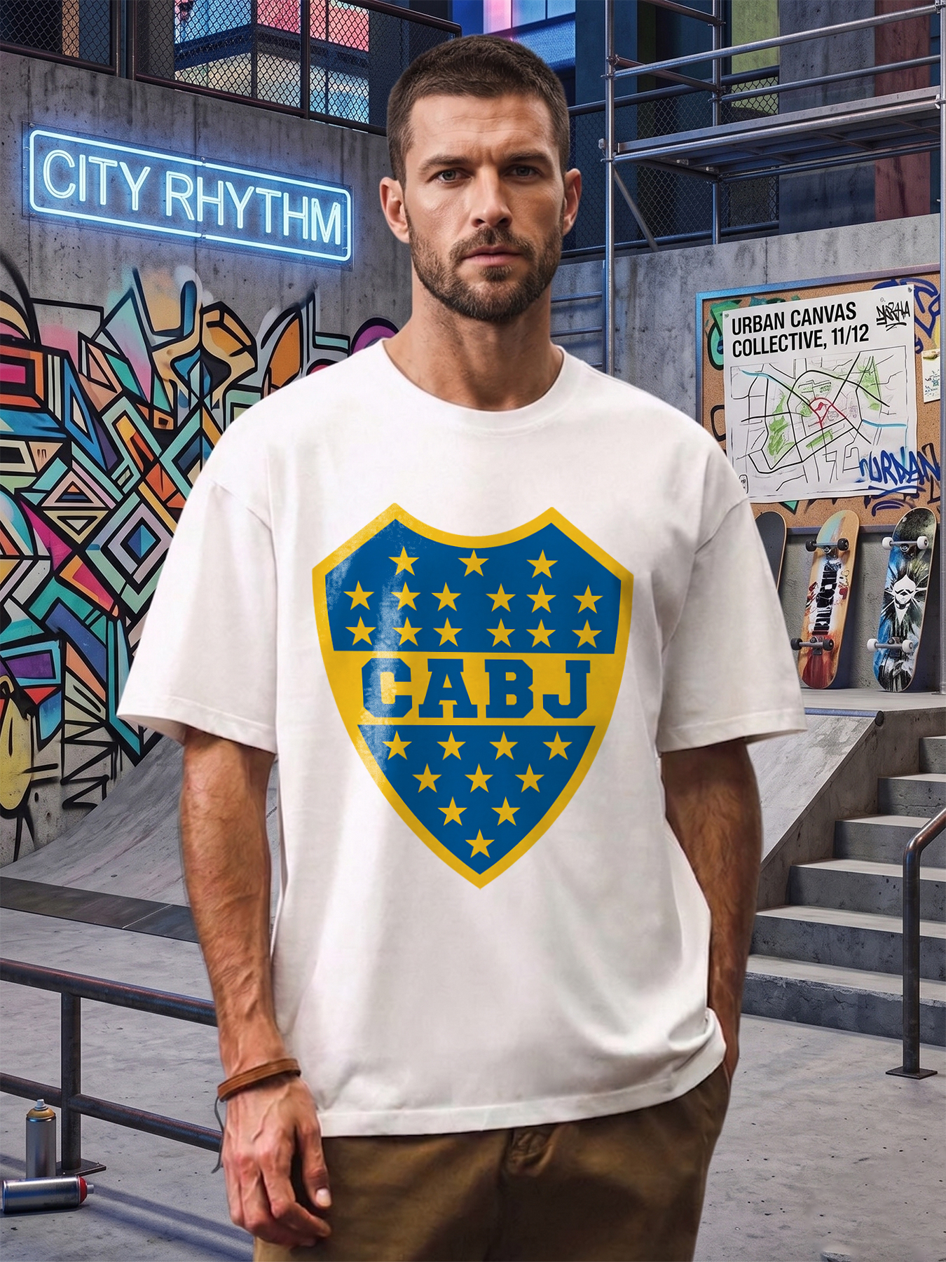 Men's Printed T-Shirt with CABJ Shield Logo and Stars Design, Casual Round Neck Summer Lightweight Breathable Short Sleeve Tee for Sports Fans and Everyday Wear, Suitable for Adults and Football Enthusiasts