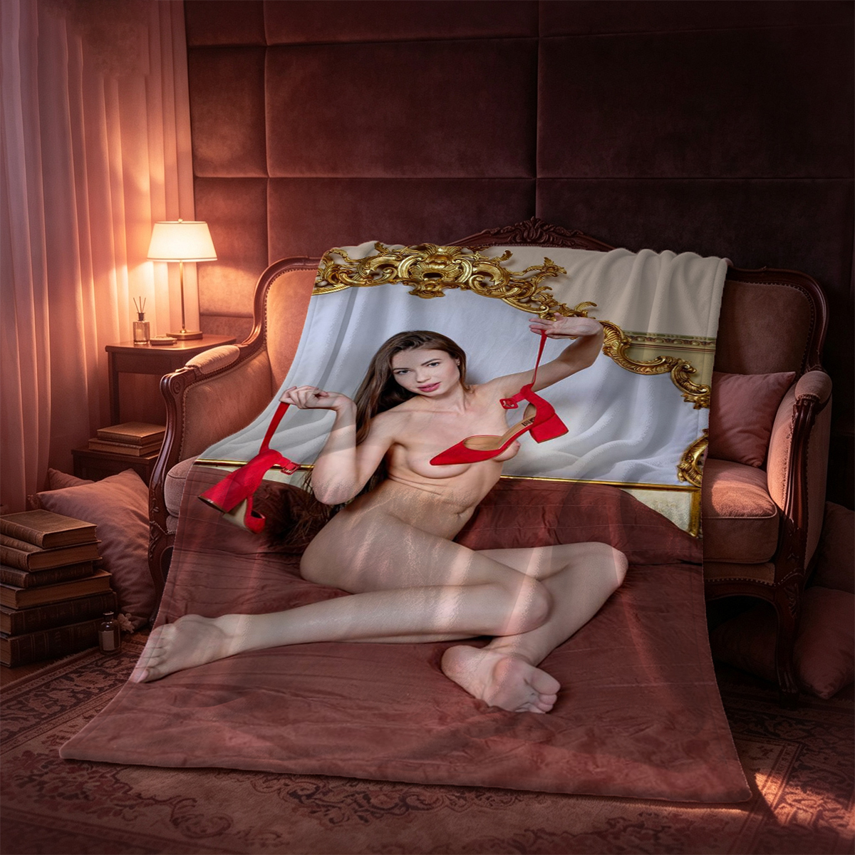 Police Officer in Blue Uniform and Black Stockings Lounging on Couch - Blanket