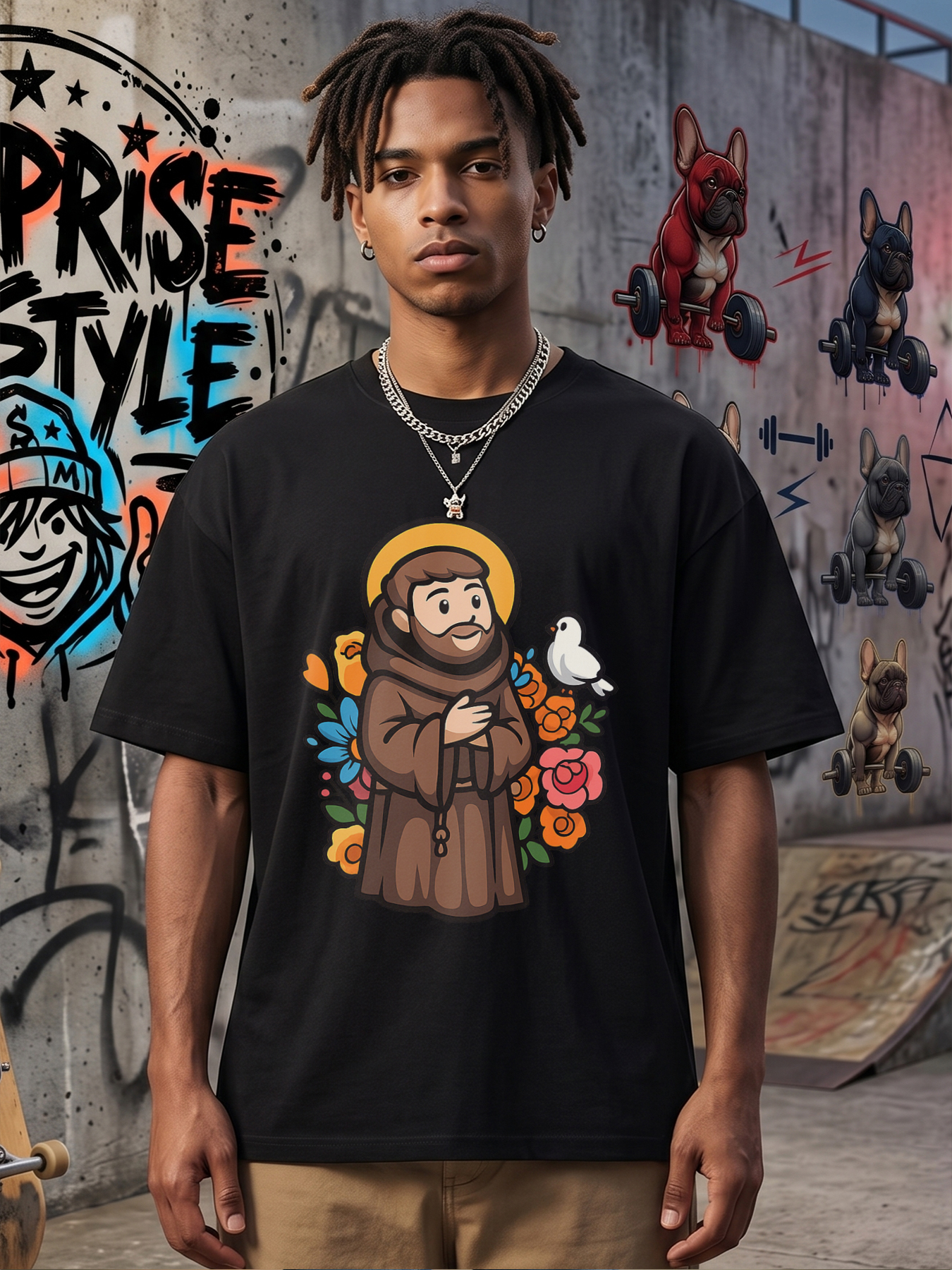 Men's Printed T-Shirt Saint Francis with Dove and Flowers Design Casual Round Neck Summer Lightweight Breathable Short Sleeve T-Shirt for Outdoor Activities and Daily Wear Adult Unisex Fit