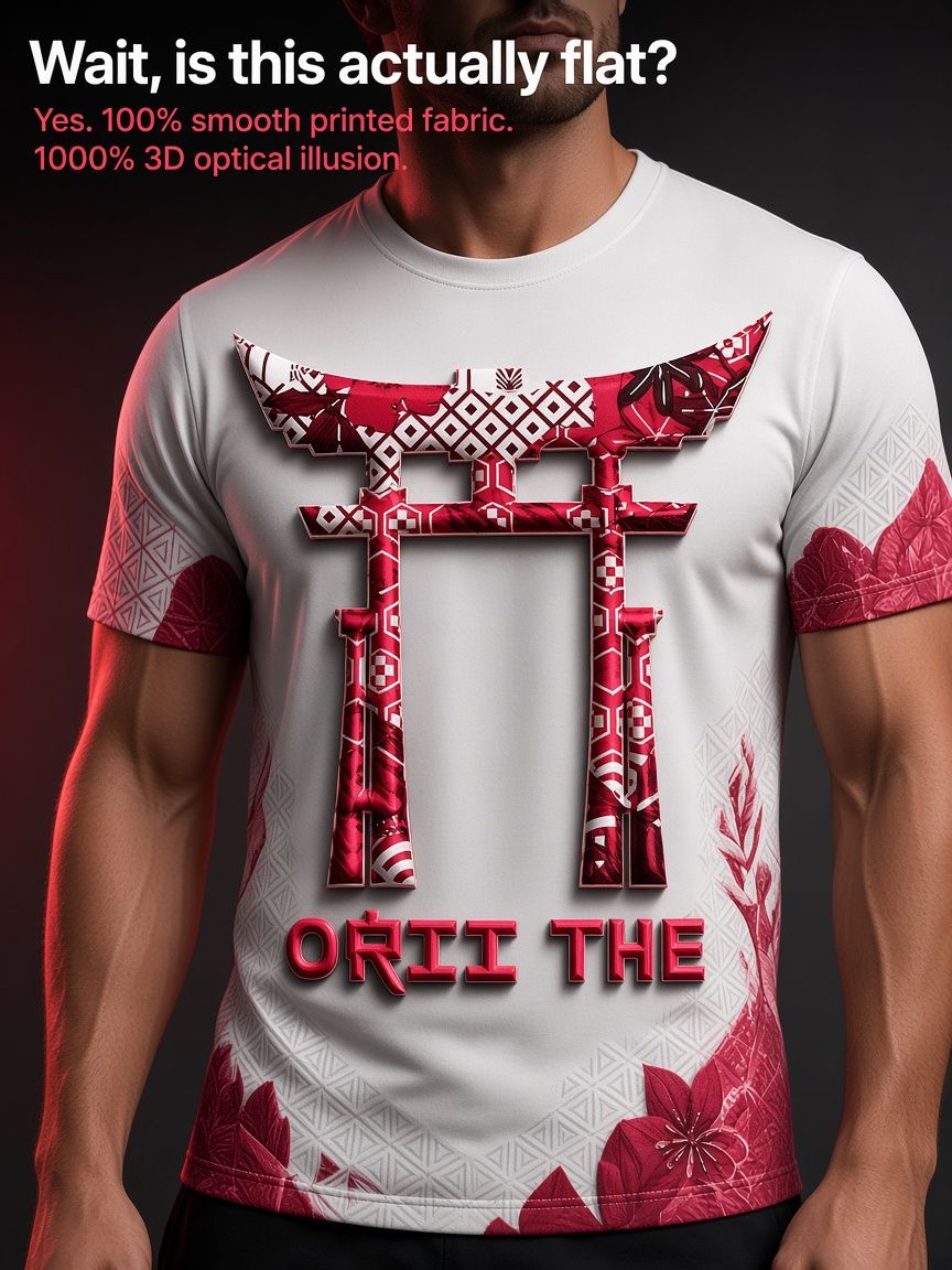 Japanese Torii Gate 3D Optical Illusion Graphic Tee, Breathable Athletic Mesh T-Shirt, Casual Sports Wear