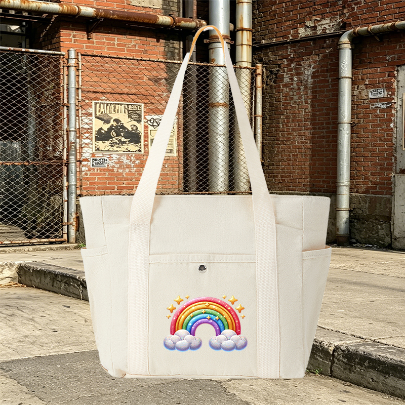 Multi Pocket Bag Beige with Rainbow and Cloud Print, Ideal for Daily Use and Outdoor Activities, Perfect for Women and Teens Seeking Stylish and Functional Accessories
