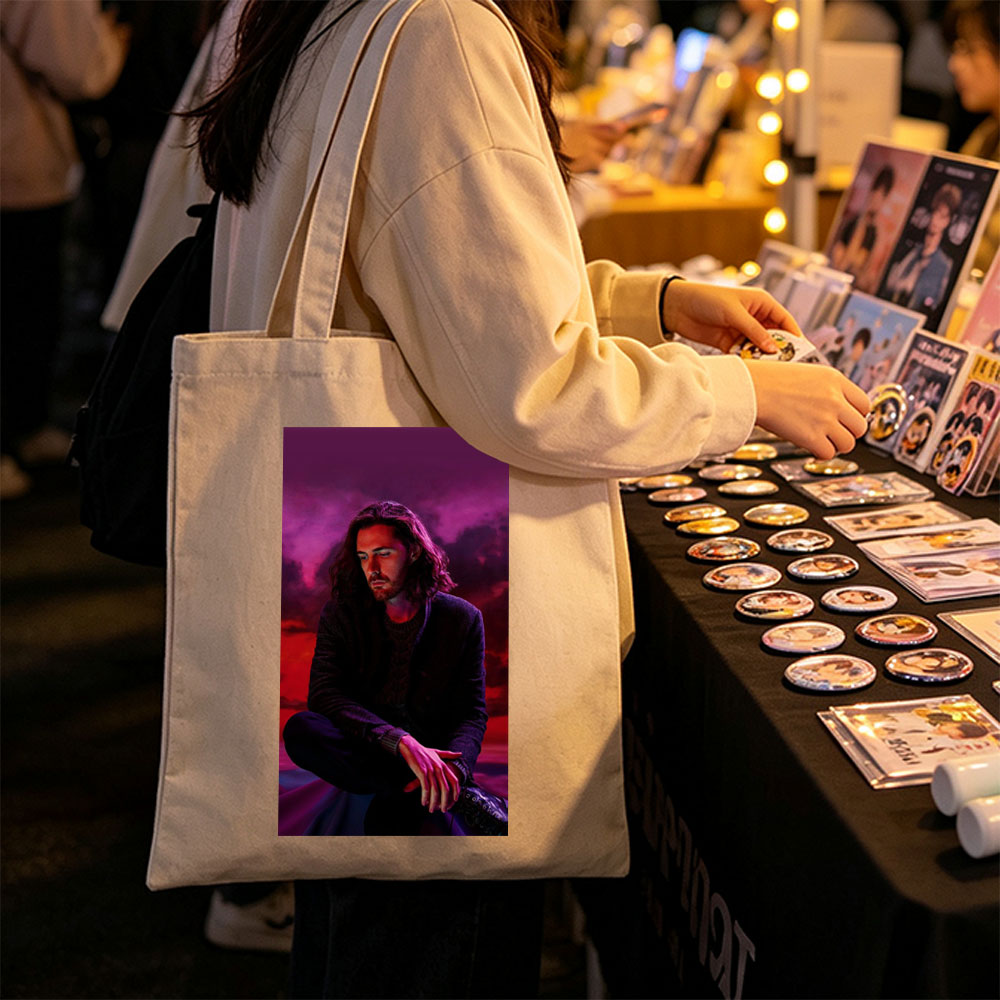 Hozier Sitting in a Dramatic Purple and Red Sky Scene - Canvas tote bags