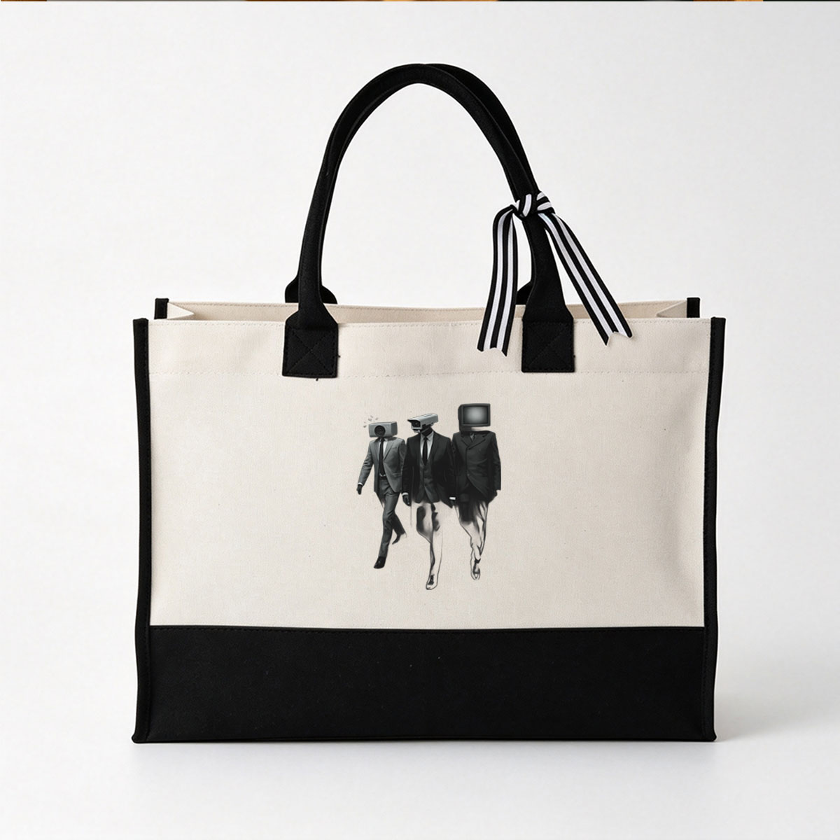 Three Men in Suits with Camera and TV Heads - Canvas patchwork gift tote bag