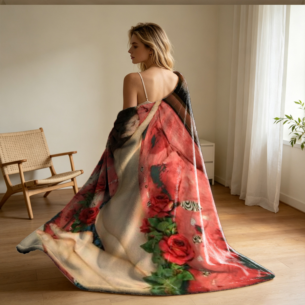Nude blonde lying on bed biting finger - Blanket