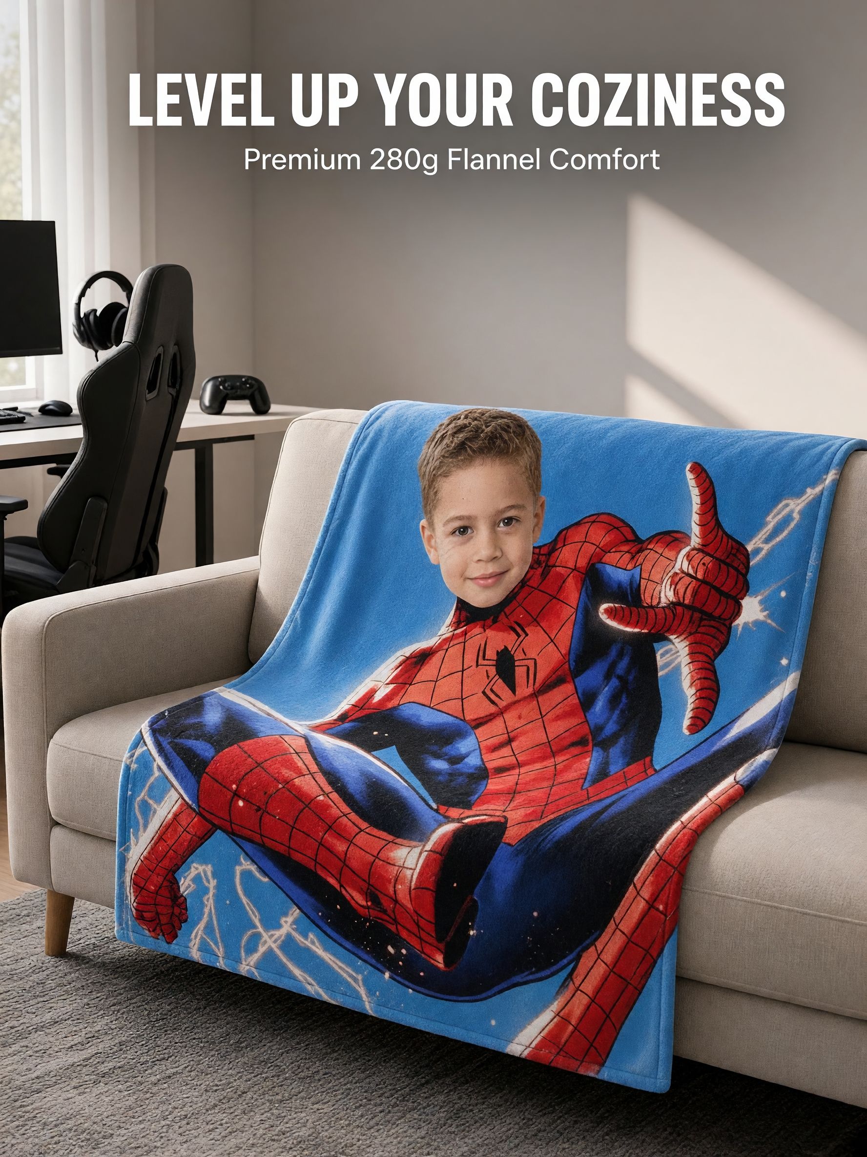 Custom Photo Face Blanket Personalized Superhero Flannel Throw Anti-Pilling Cozy Bedding Ideal Gift for Kids