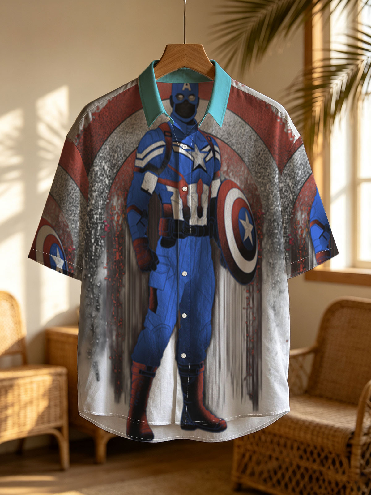Captain America in Tactical Suit with Shield, Standing Against a Dynamic Red, White, and Blue Background -  Shirt