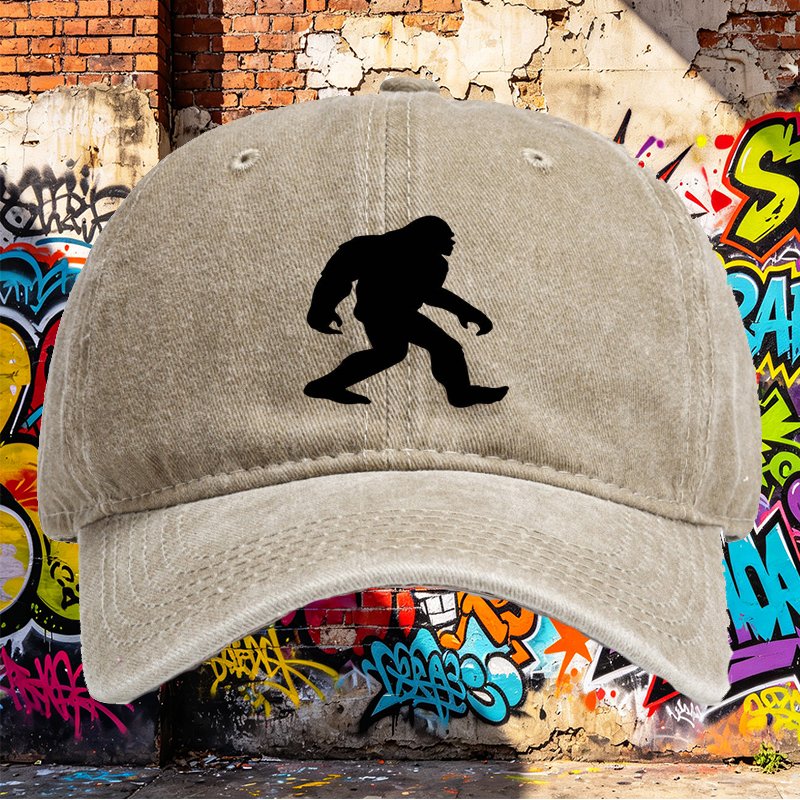Unisex Classic Washed Cap with Bigfoot Silhouette Print - Outdoor Adventure Hat for Hiking, Camping, and Nature Enthusiasts