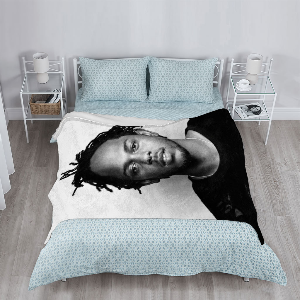 Kendrick Lamar Portrait in Black and White with Dreads and Neutral Expression - Blankets