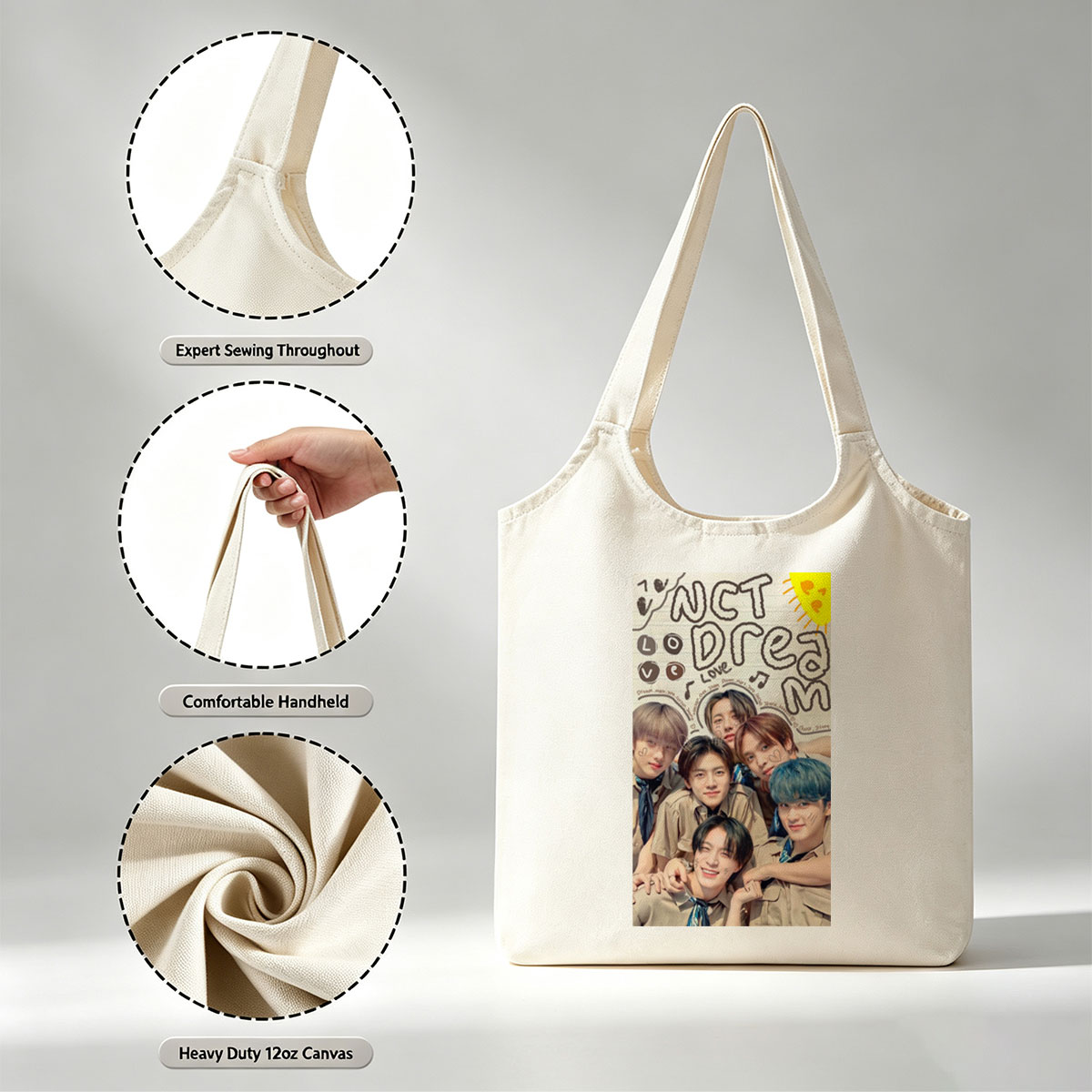NCT Dream Group Photo with Handwritten Notes and Heart Drawings on Lined Paper Background - Canvas shoulder bags/