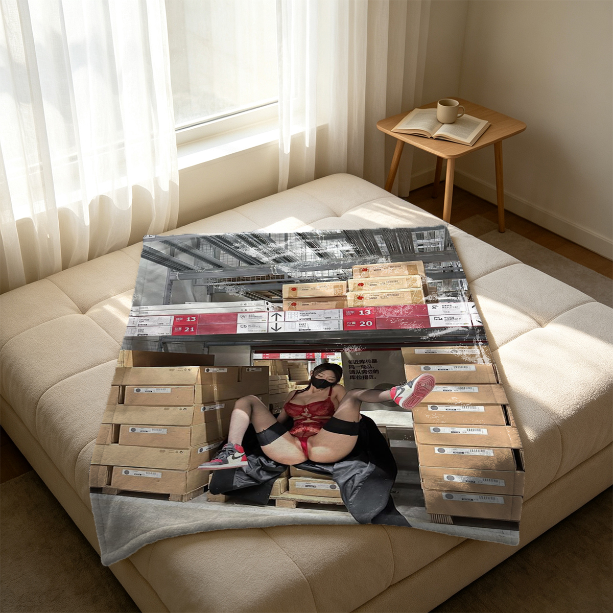 Nude Model with Pillow on Tan Sofa - Blanket