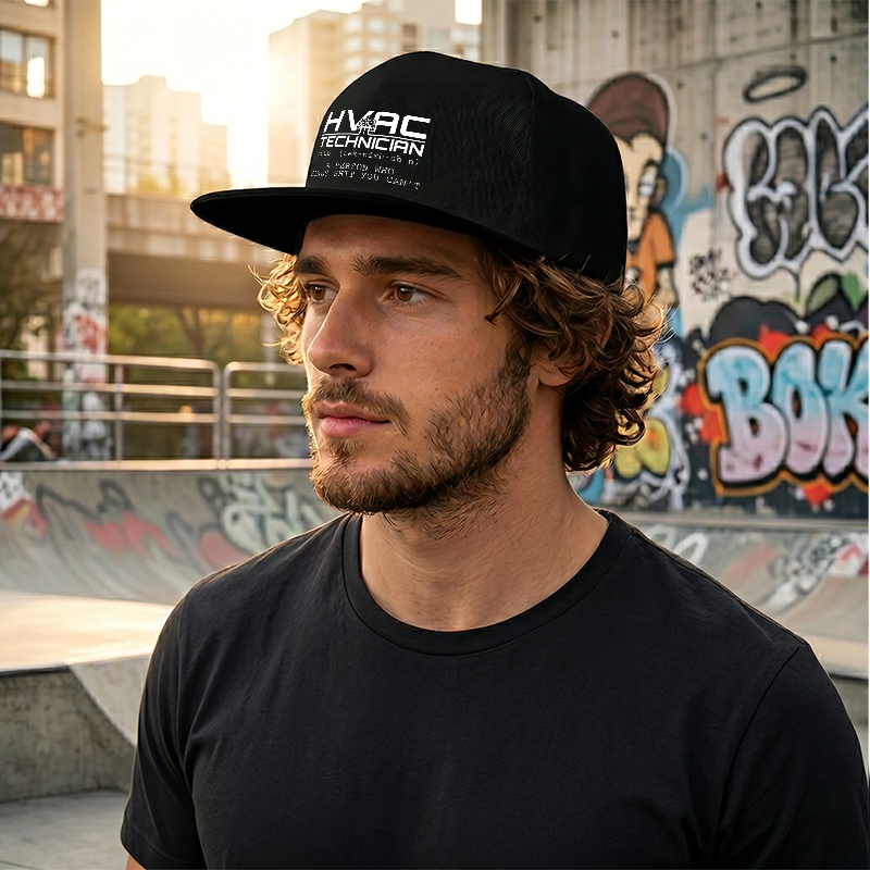 Flat Brim Baseball Cap HVAC Technician Print Streetwear Underground Skate Style For Basketball Court Skate Park Urban Lifestyle Skaters Rappers Streetwear Enthusiasts