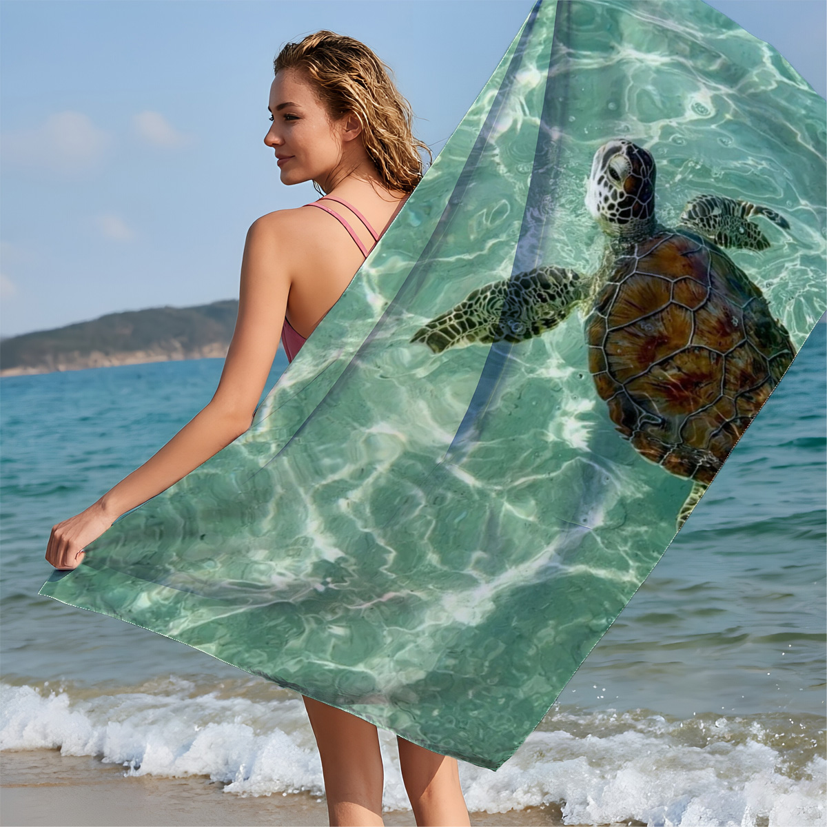 Sea Turtle Swimming in Clear Turquoise Water - Beach towels