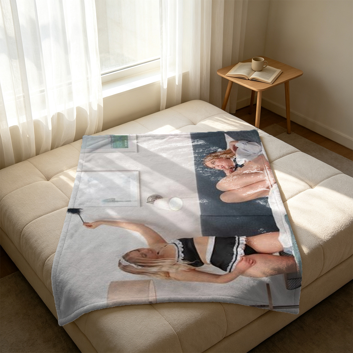 Nude Asian beauty in white fishnet stockings sitting on bed. - Blanket