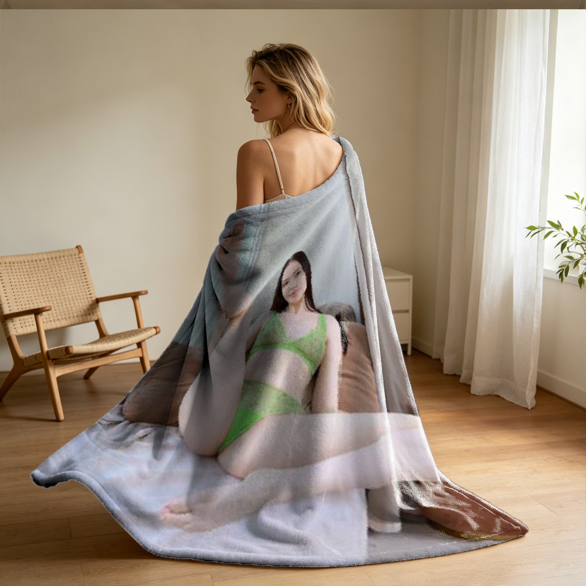 Naked woman posing on pool ladder - Blanket