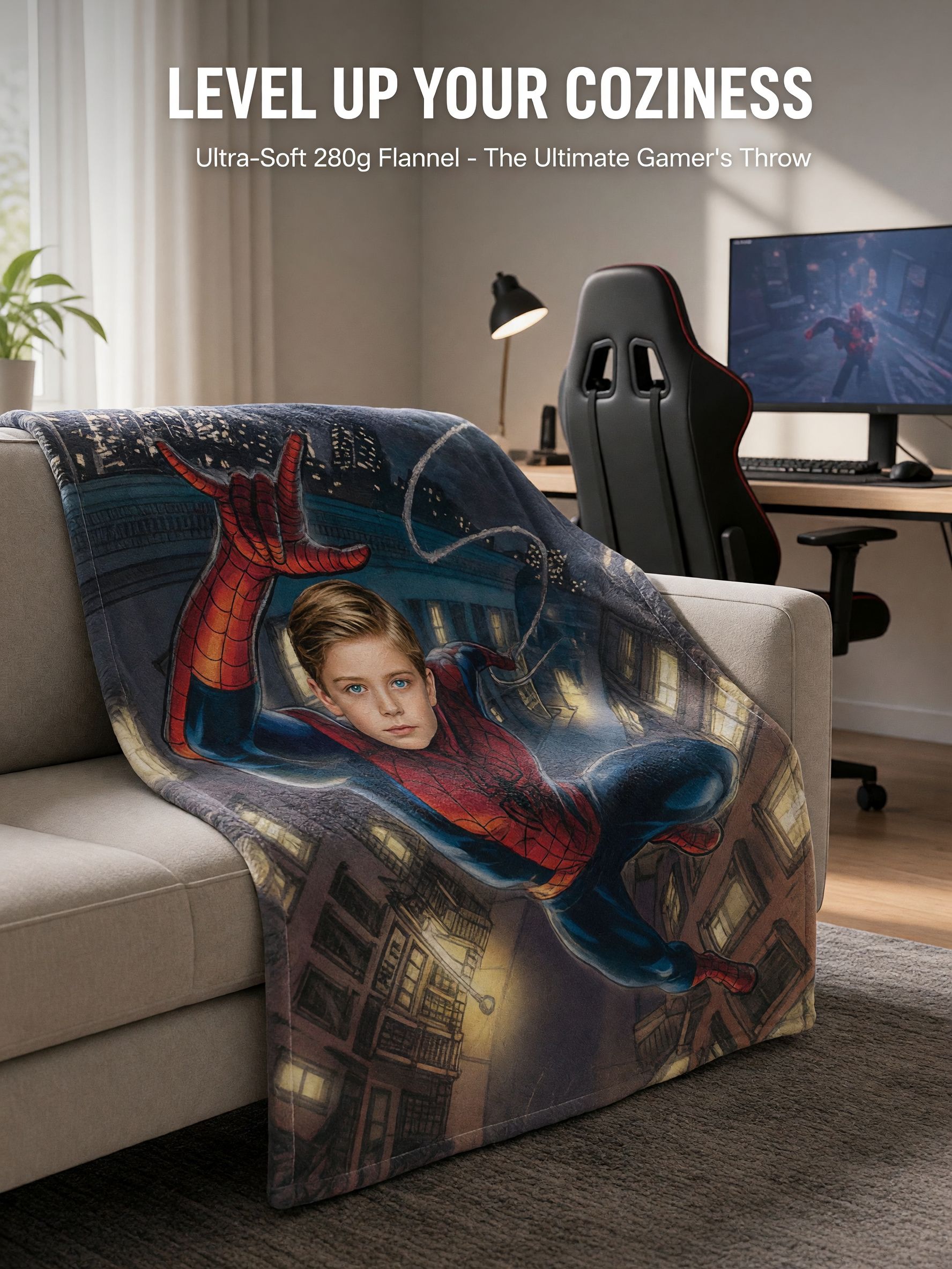 Custom Superhero Face Flannel Blanket, Personalized Photo Soft Plush Throw, Ideal Cozy Gift for Kids and Superhero Fans