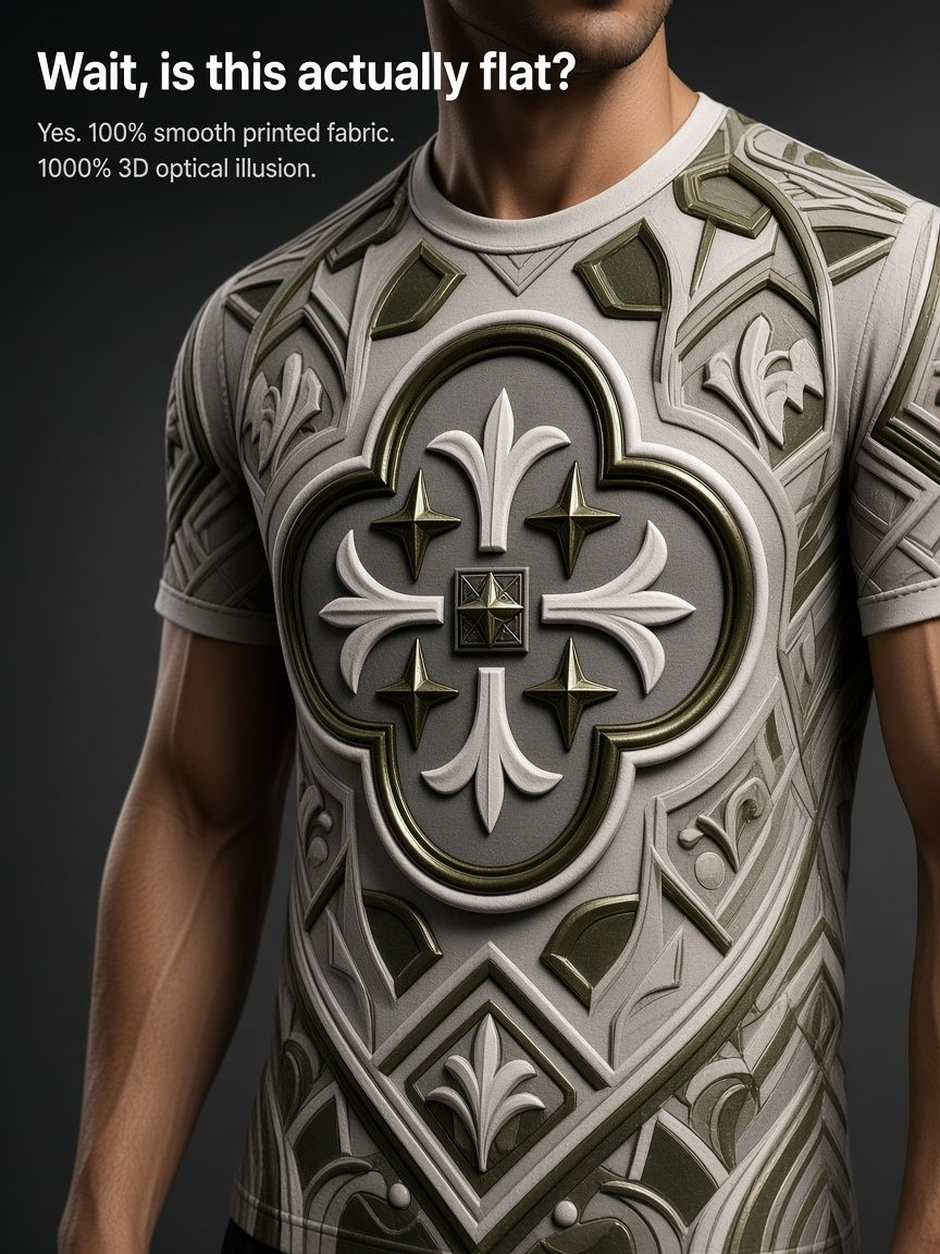 Baroque Stone Relief 3D Optical Illusion Graphic Tee Breathable Athletic Mesh T-Shirt for Casual and Sports Wear