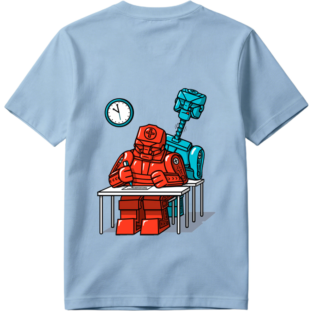 Red Robot Student at Desk with Blue Robot Friend - Tee