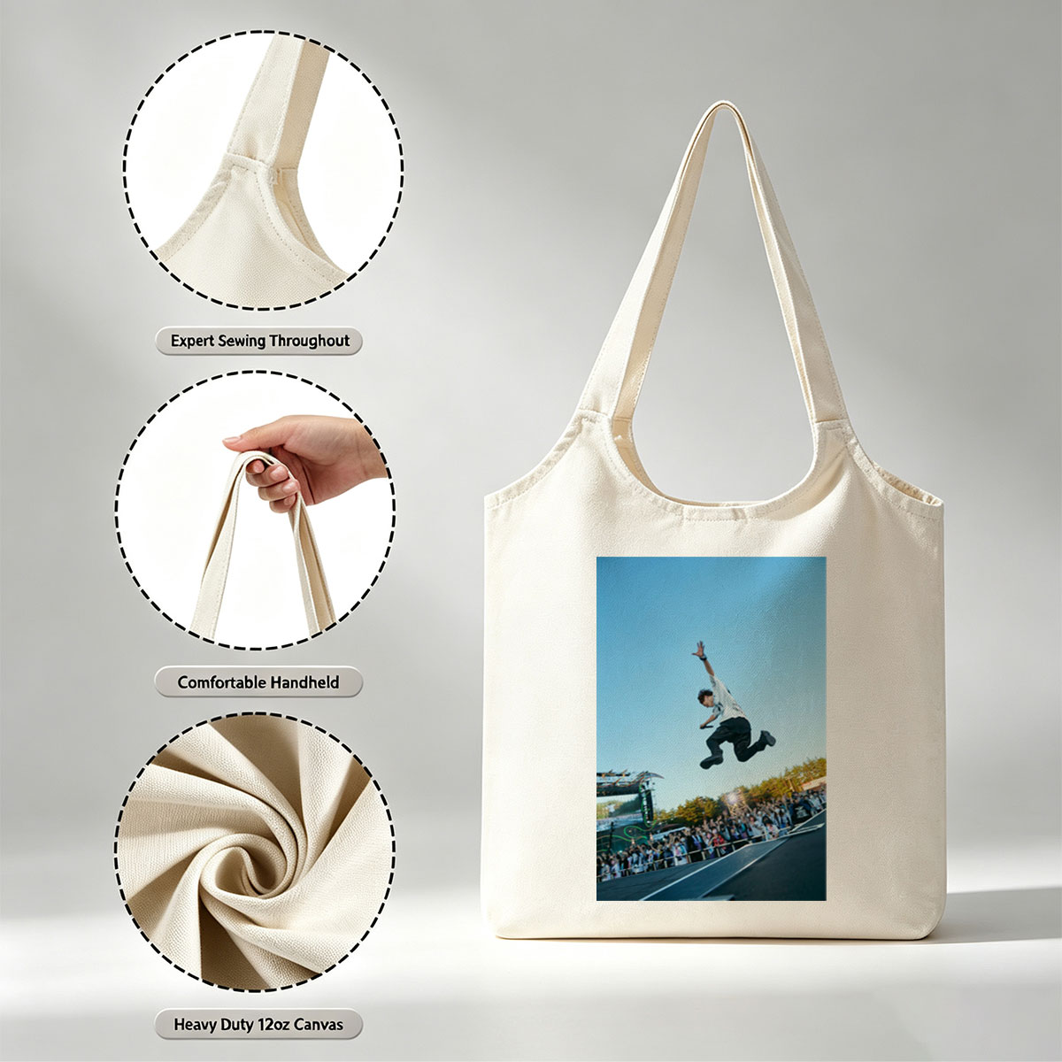 Skateboarder in Mid-Air Trick at Outdoor Festival with Crowd Watching - Canvas shoulder bags/
