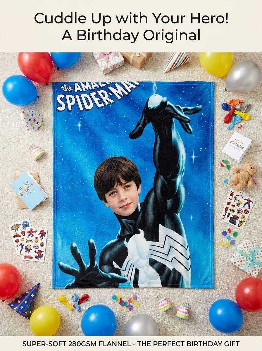 Custom Face Photo Superhero Flannel Blanket Soft Anti Pilling Throw Personalized Comic Gift for Kids Bed and Sofa