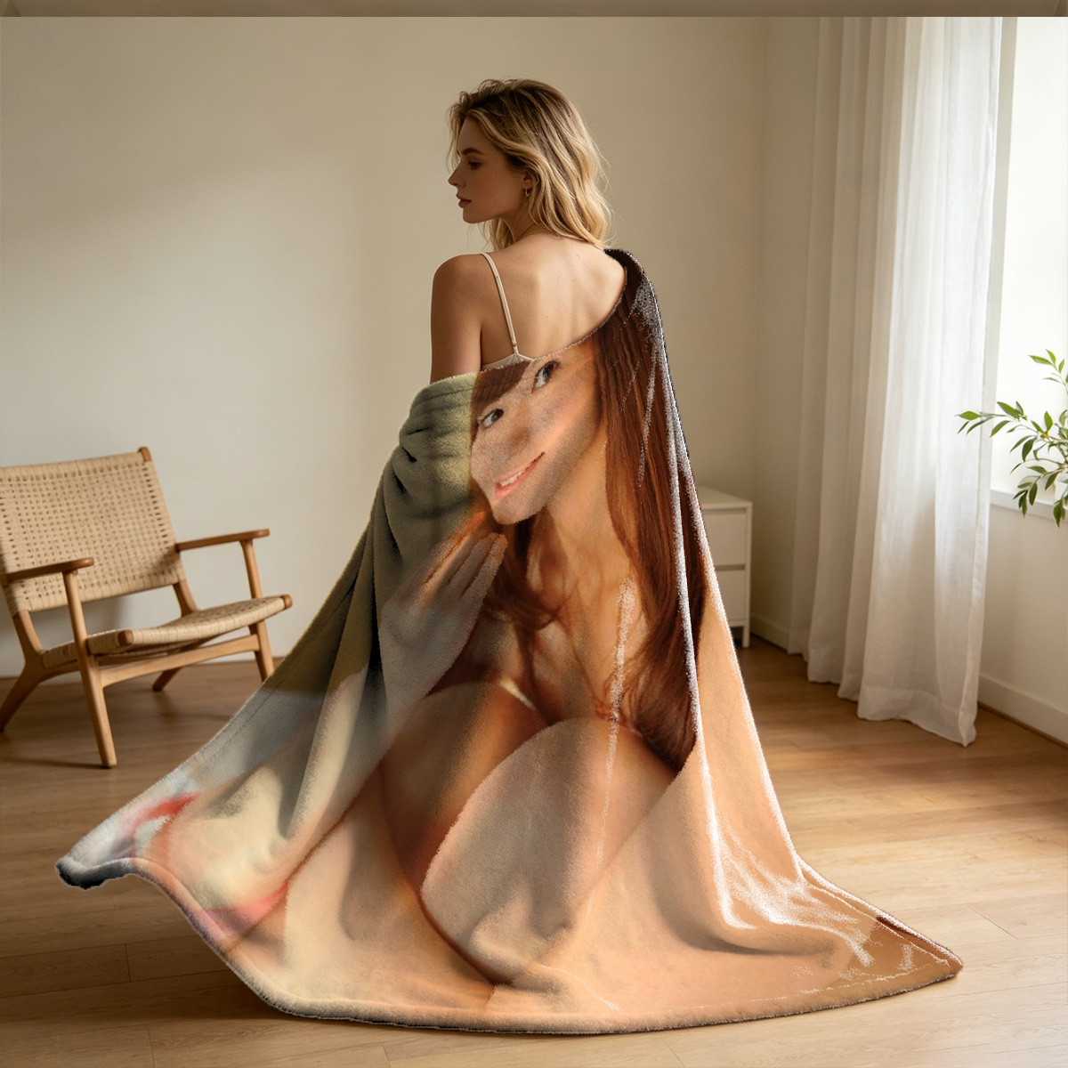 Blonde woman in beige lingerie posing in a kitchen. - Blanket