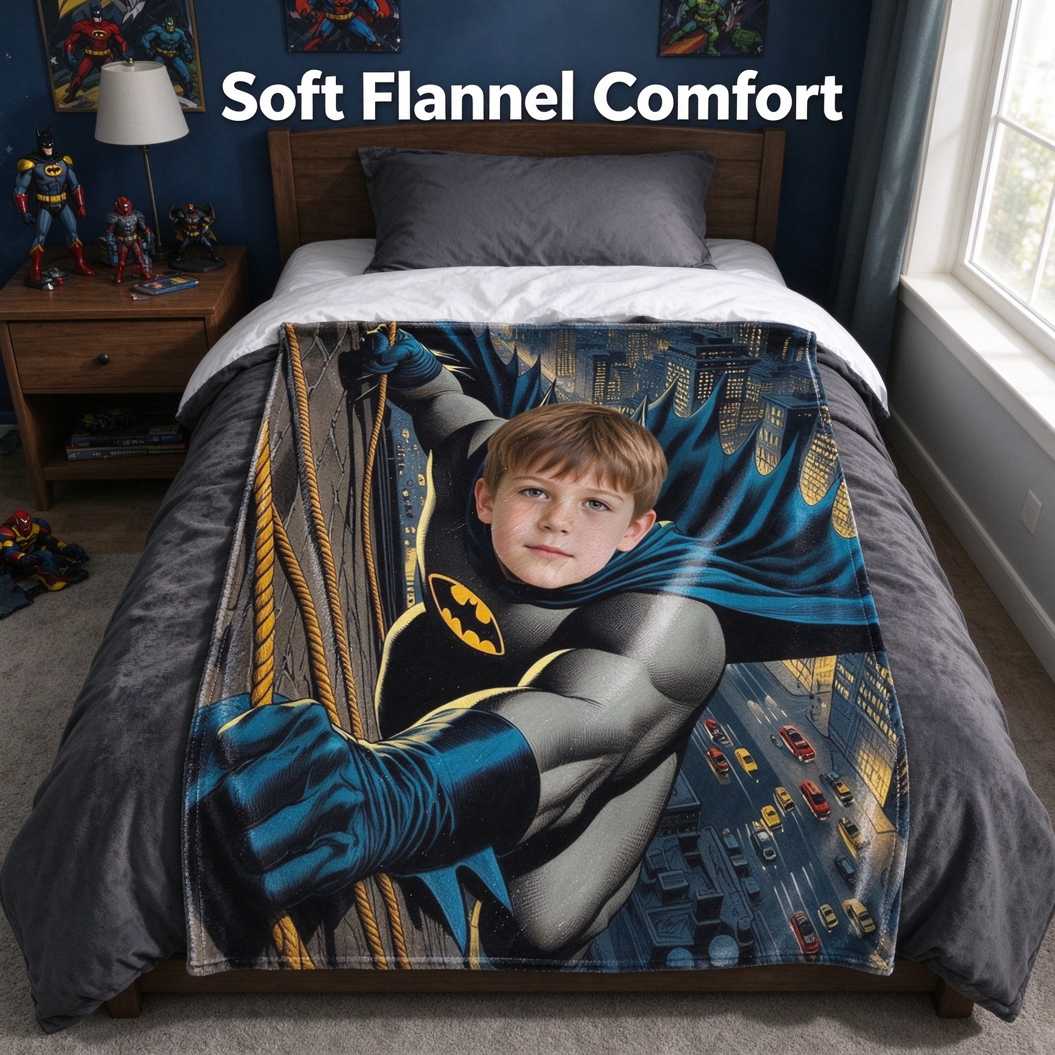 Personalized Superhero Photo Flannel Throw Blanket Custom Face Keepsake Ultra Soft Cozy Fleece for Couch and Bed