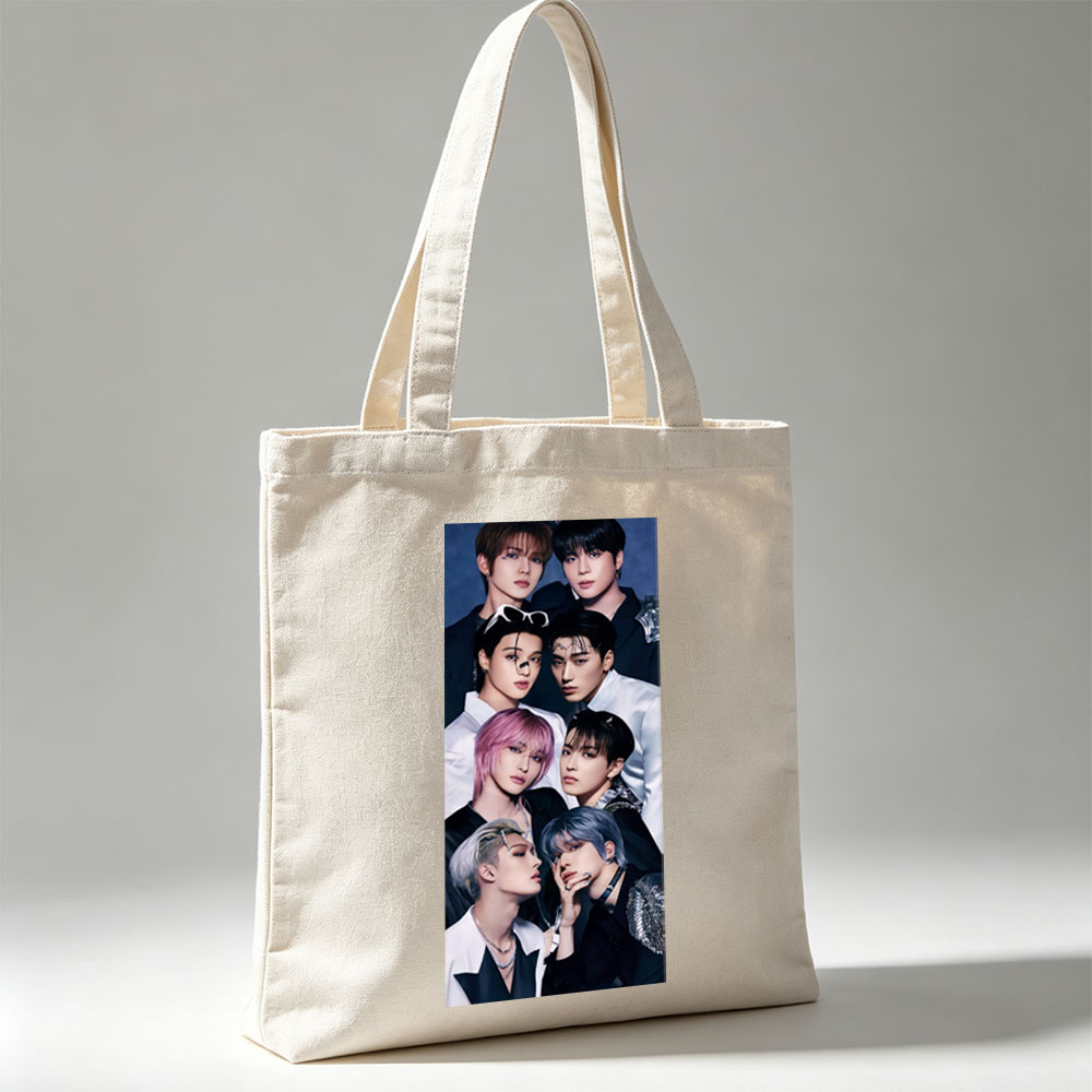 Stray Kids Group Portrait in Stylish Black and White Outfits with Bold Hair Colors and Fashion Accessories - Canvas tote bags