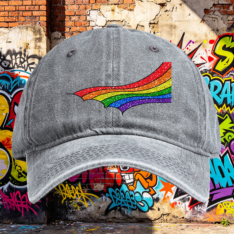 Unisex Classic Washed Cap with Rainbow Glitter Print + Unisex Classic Washed Cap for Outdoor Activities, Festivals, and Casual Wear + Suitable for Adults Who Love Colorful Fashion and Expressive Style