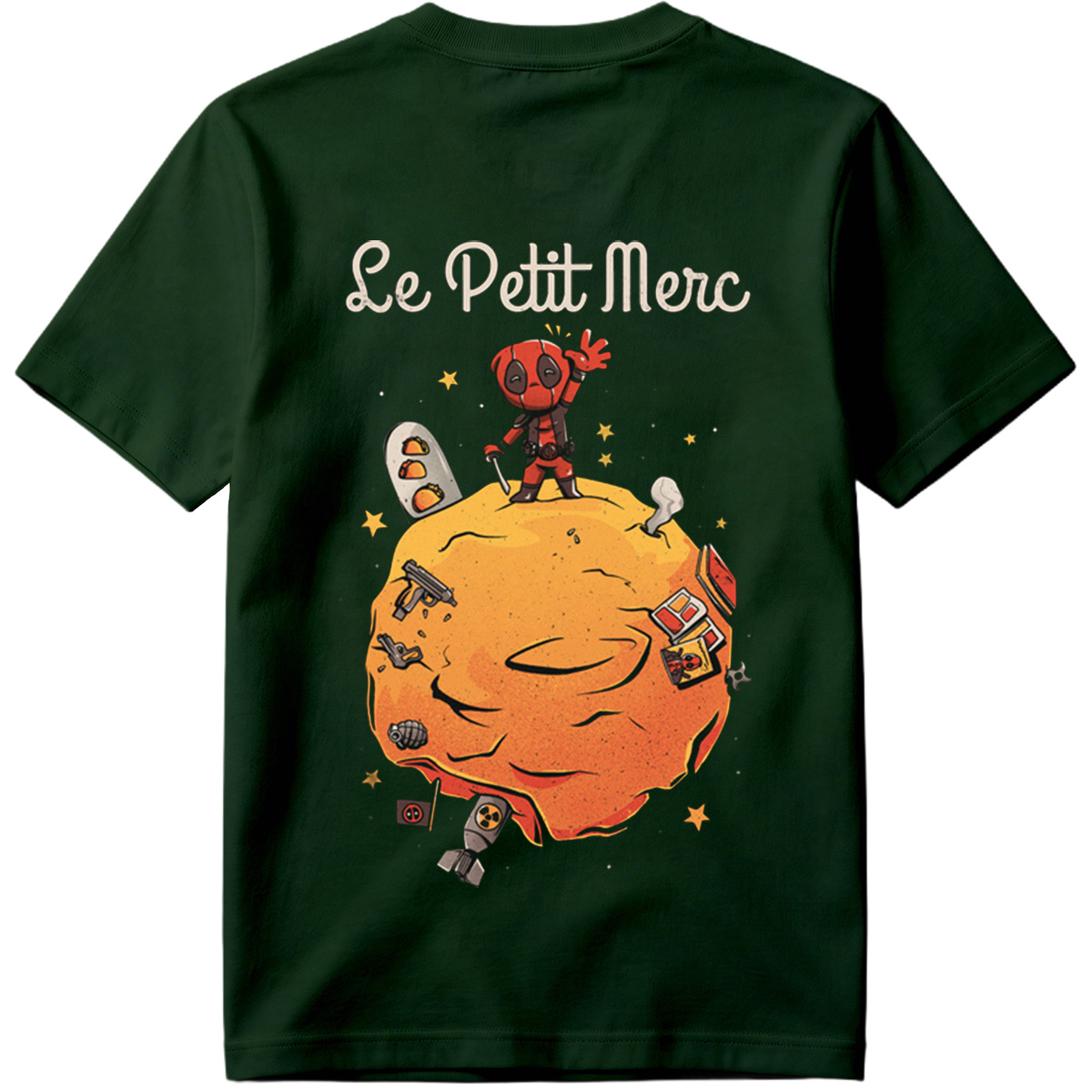 Deadpool on a Planet with Weapons and Space Items - Tee