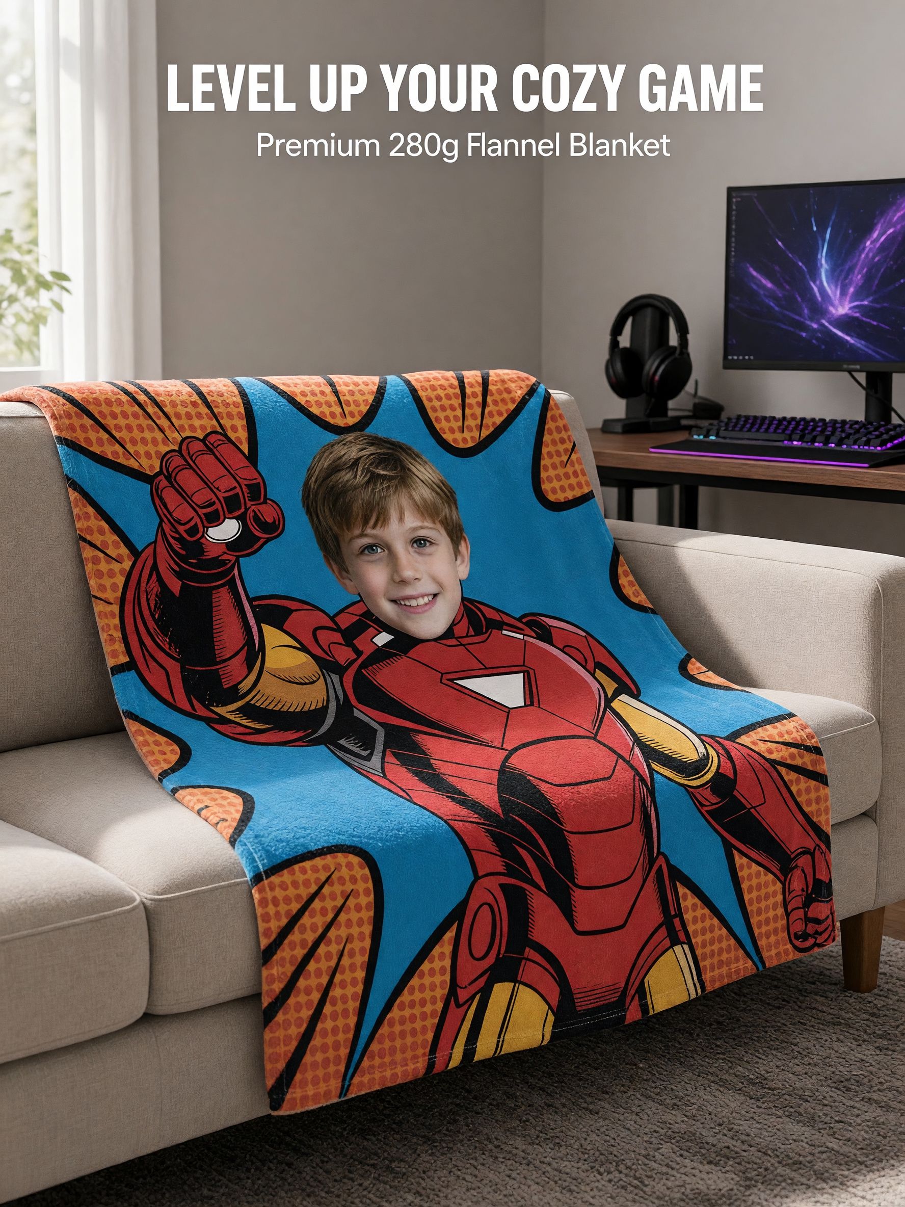 Custom Face Photo Superhero Fleece Blanket, Personalized Comic Character Flannel Throw, Ideal Gift for Kids and Boys
