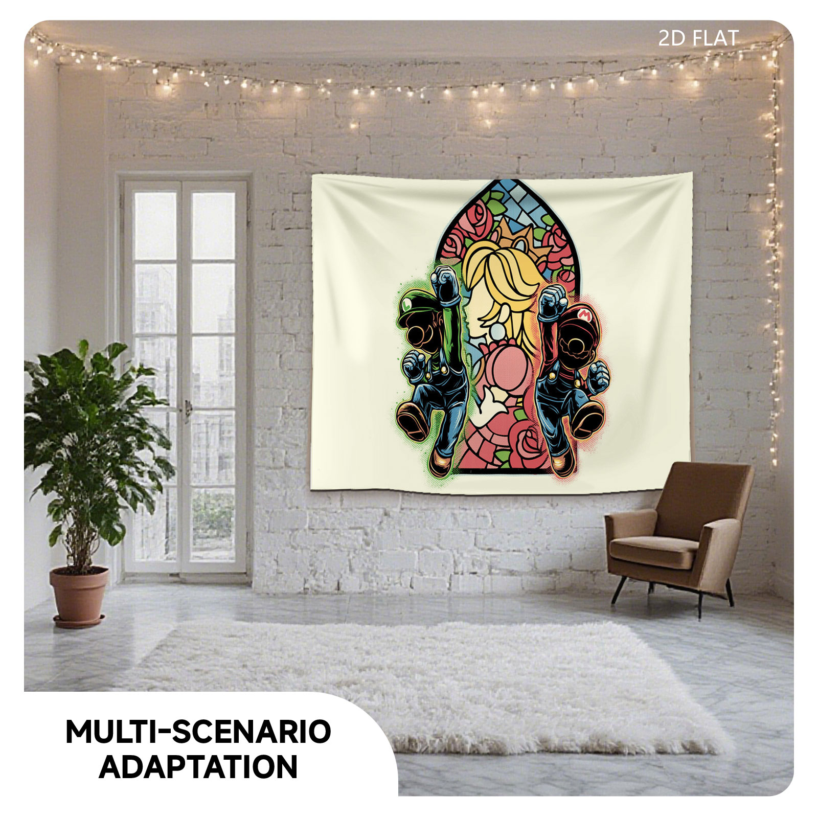 Mario and Luigi Guarding Princess Peach in Stained Glass Style - Tapestry