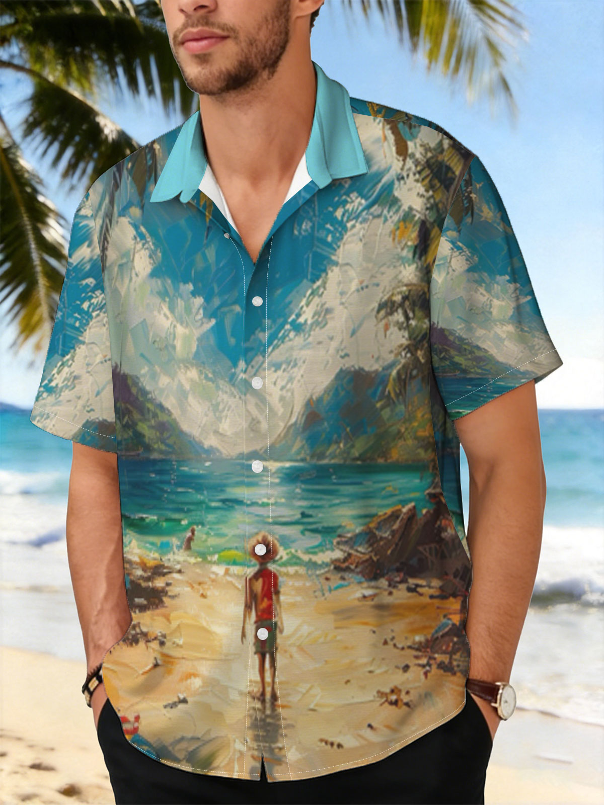 A woman walks on a tropical beach, framed by palm trees and turquoise waters under a vibrant sky. -  Shirt