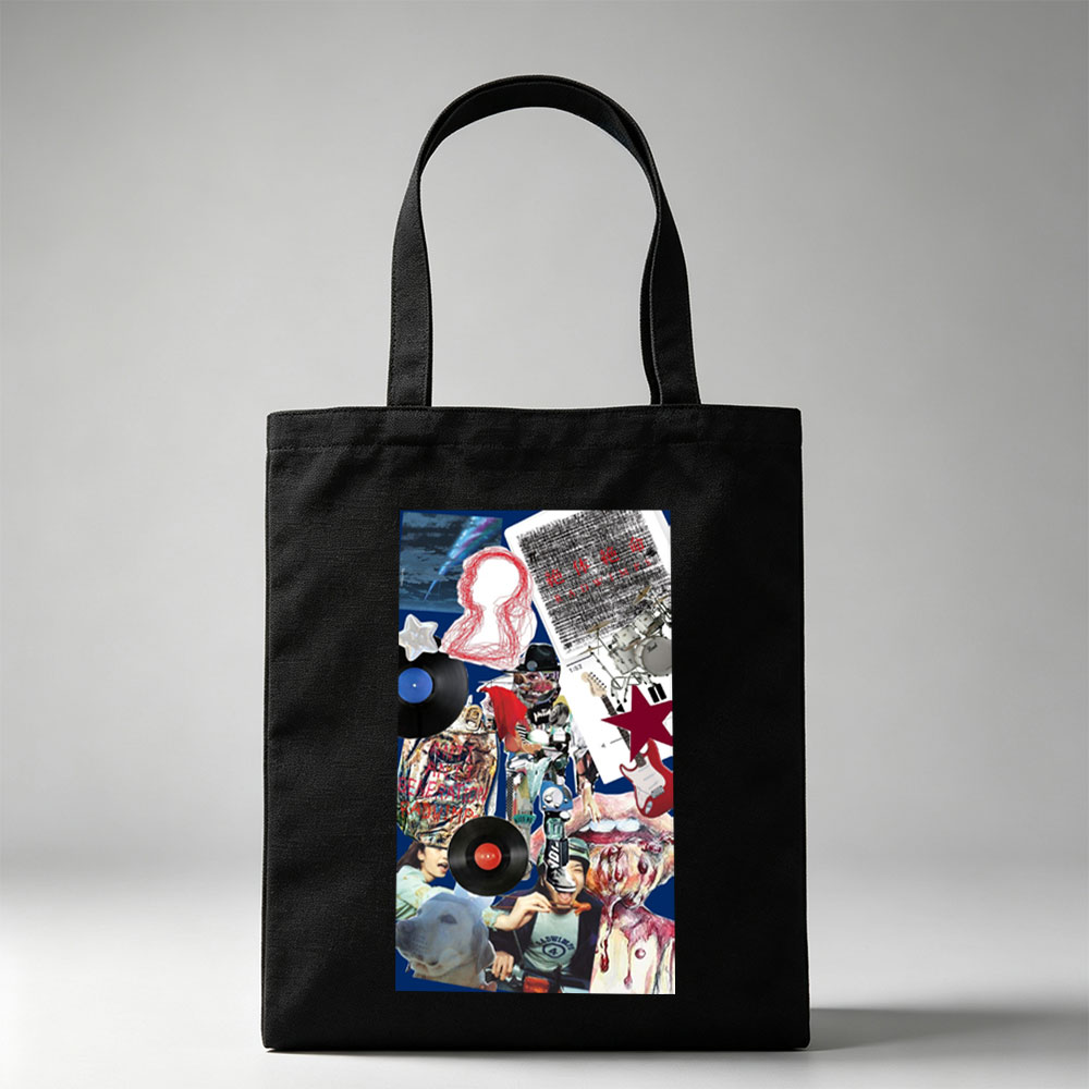 BTS Music Collage Featuring Vinyl Records, Guitars, and Artistic Elements - Canvas tote bags