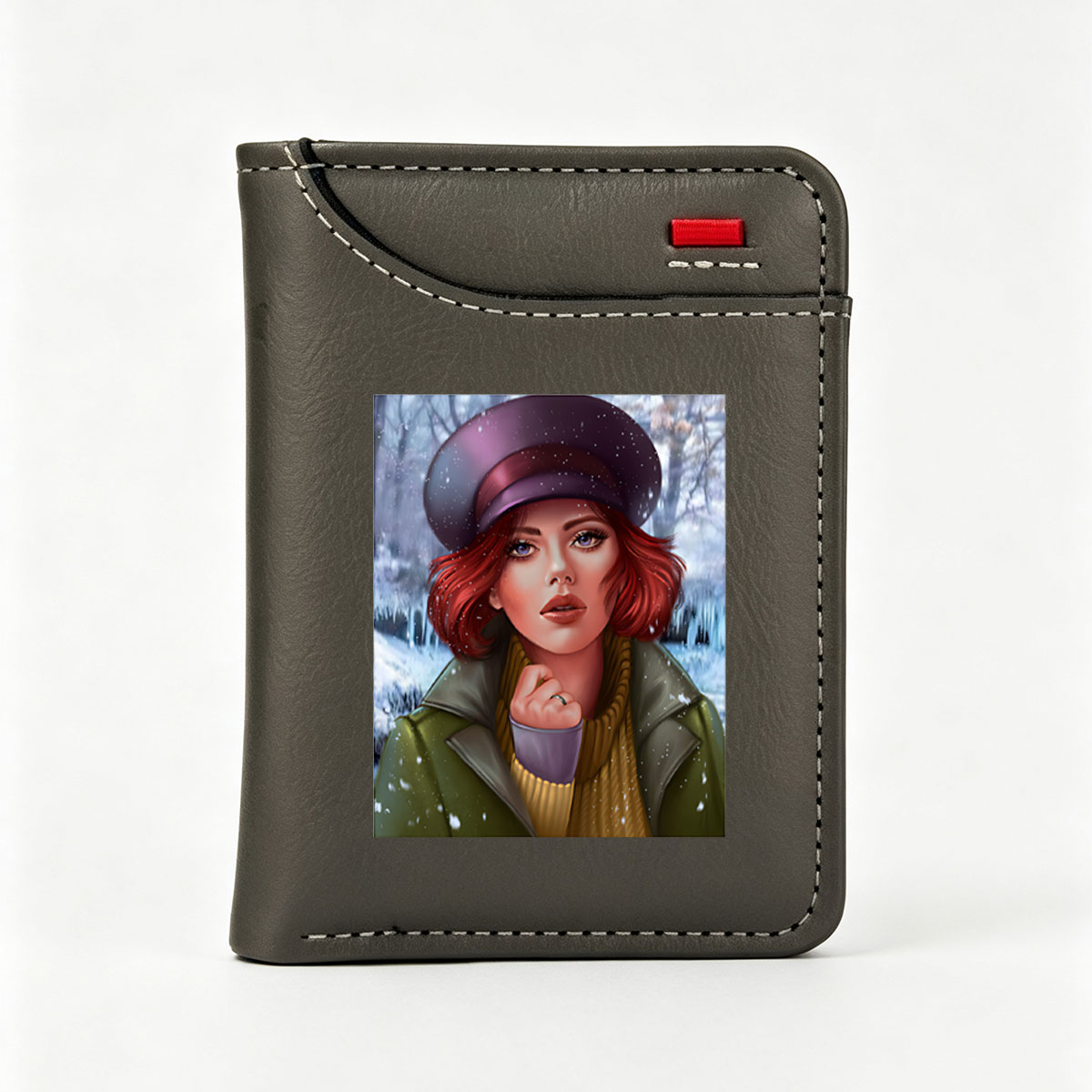 Red-Haired Woman in Winter Hat and Coat, Snowy Forest Background - Vertical Style Wallet