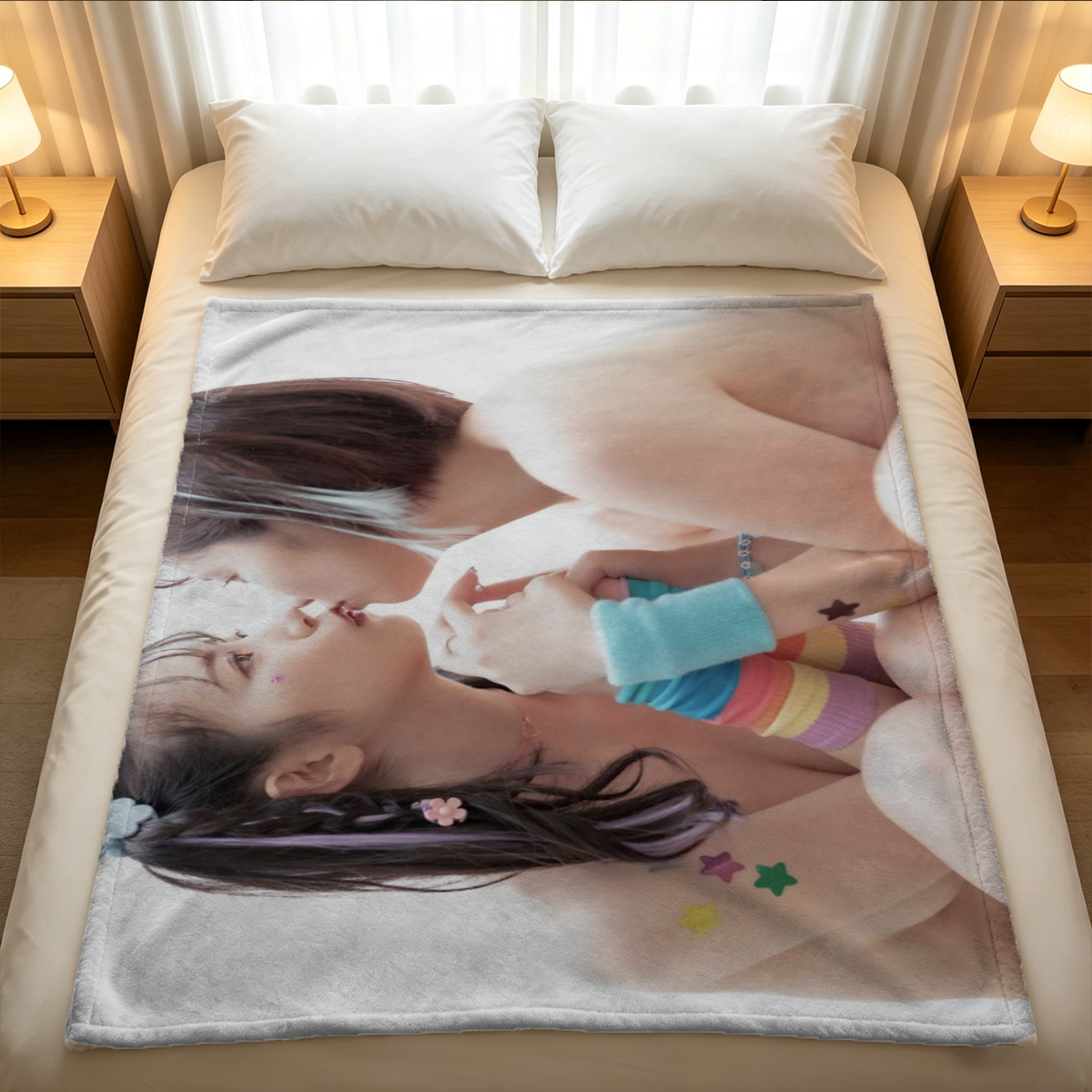 A woman in black pantyhose lying on bed pulling up her tights. - Blanket