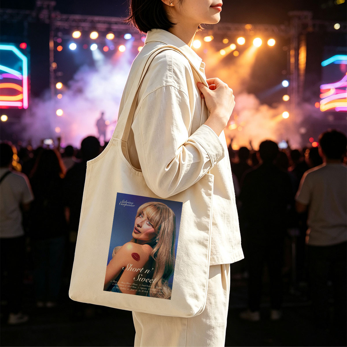 Sabrina Carpenter Album Cover Featuring Her with Lipӡ on Shoulder and Tracklist for Short n' Sweet - Canvas shoulder bags/