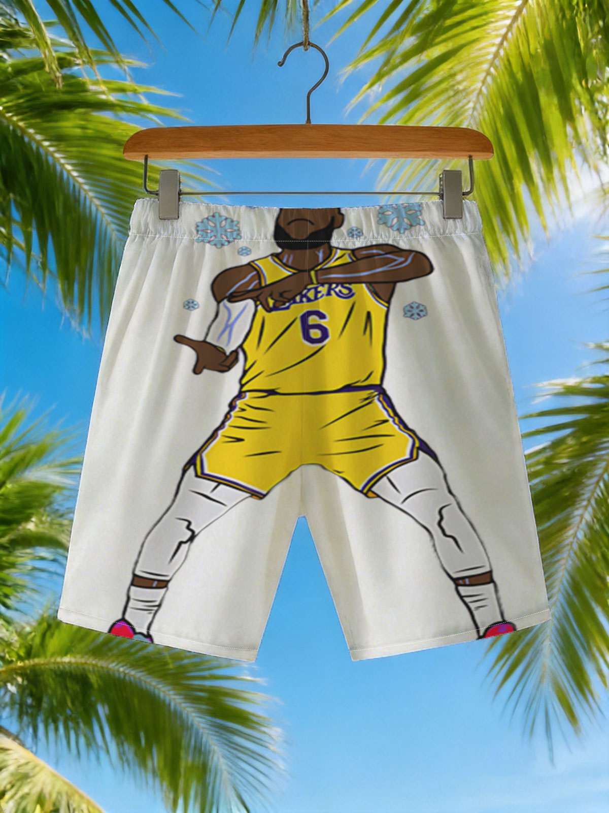 LeBron James in Lakers Jersey Dabbing with Snowflakes -  Beach shorts