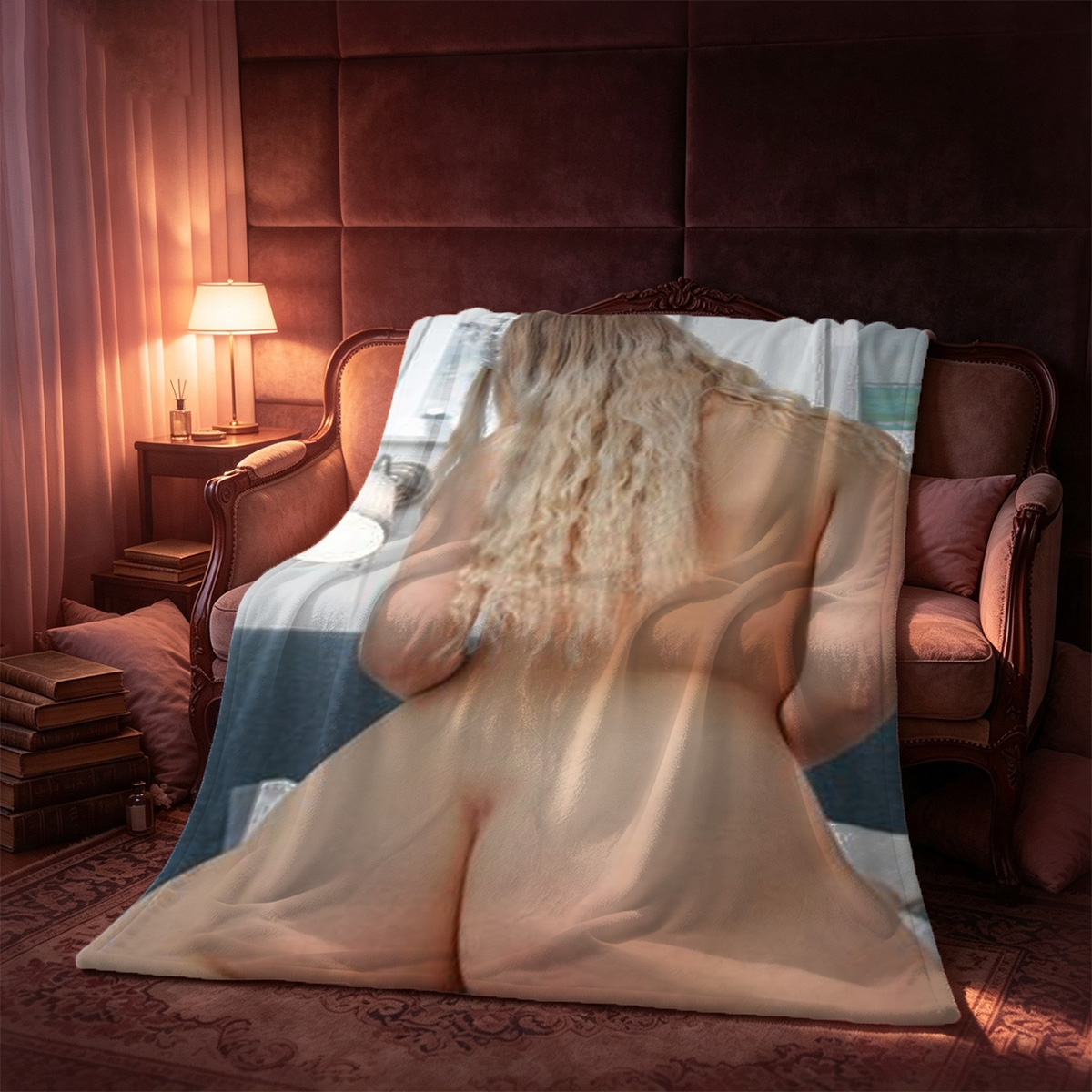 Nude Japanese model in seductive pose on chair by window - Blanket