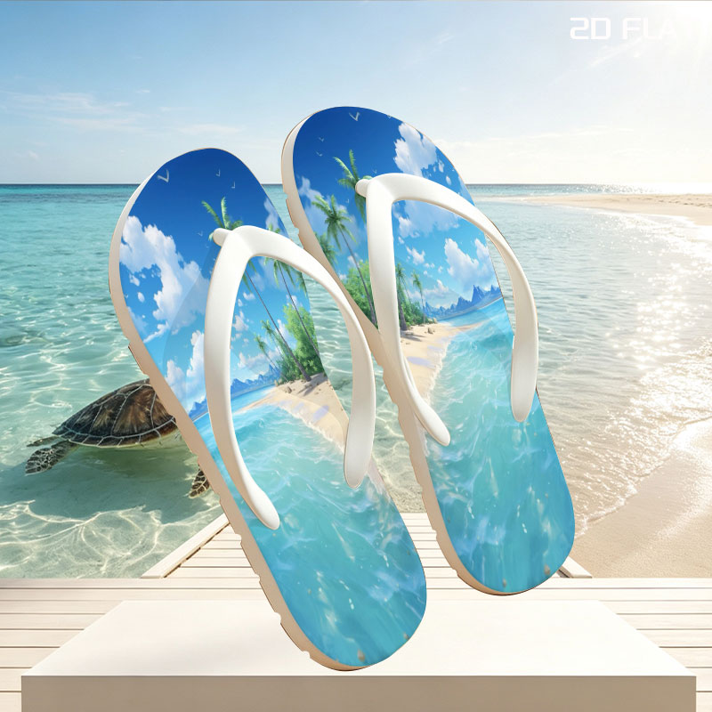 Tropical Beach with Palm Trees and Clear Blue Water -  flip-flops