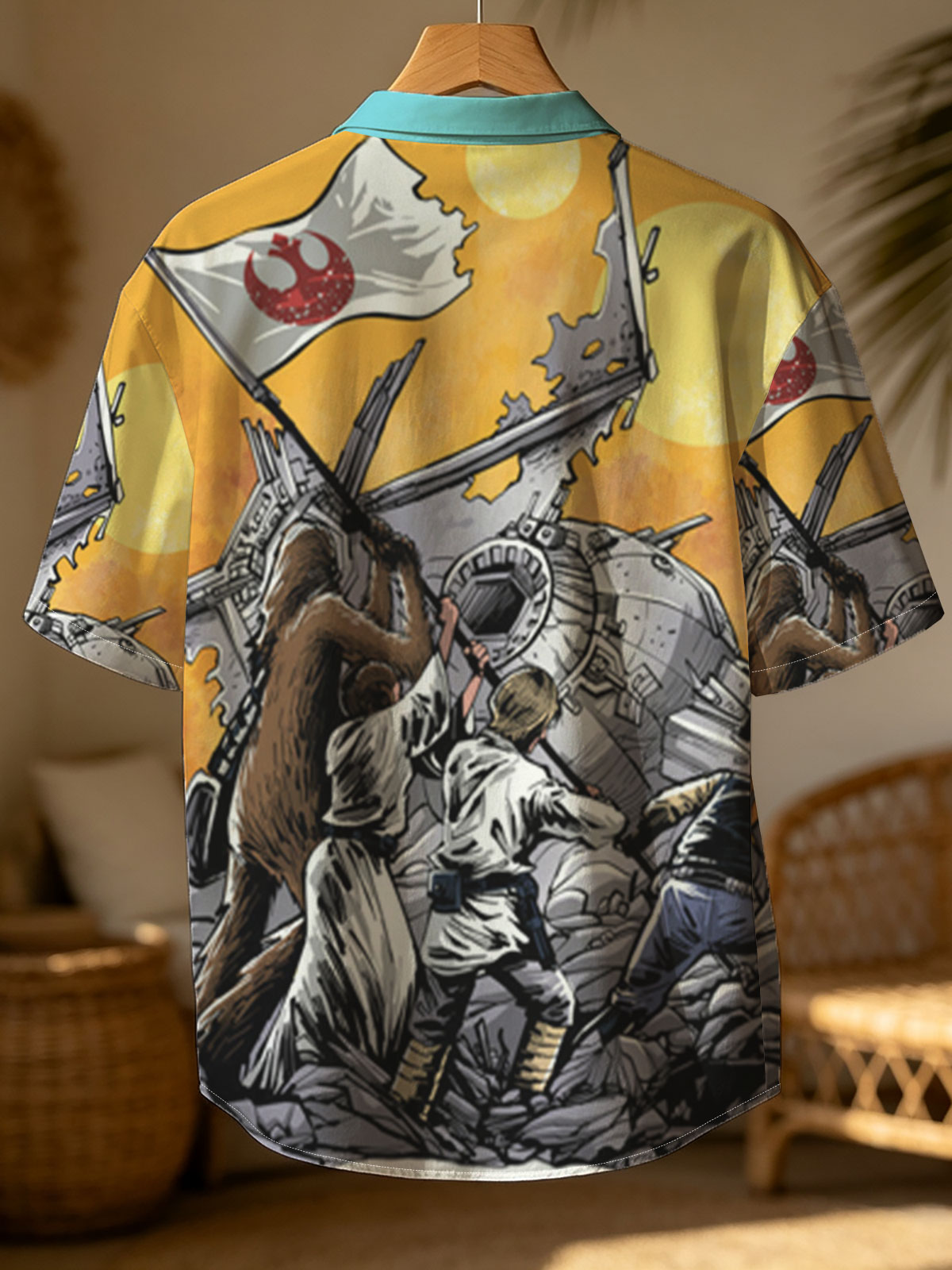 Rebel Alliance: Chewbacca, Luke Skywalker, Han Solo, and Princess Leia Rally Around the Millennium Falcon Amidst a Desert Battle Scene -  Shirt