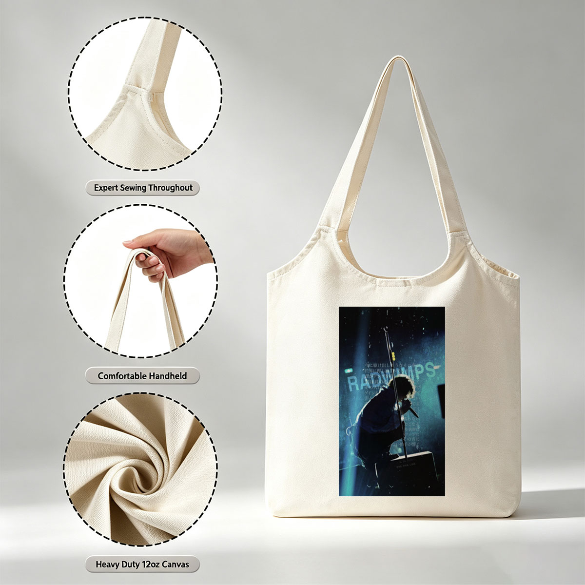 RADWIMPS Live Performance - Singer on Stage with Microphone and Dramatic Lighting - Canvas shoulder bags/