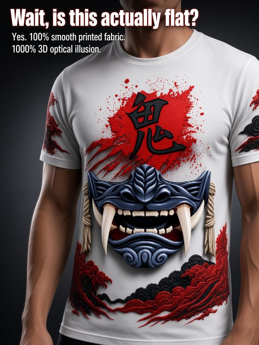 Japanese Oni Mask and Red Waves 3D Optical Illusion Graphic Tee Breathable Athletic Mesh T-Shirt Casual and Sports Wear