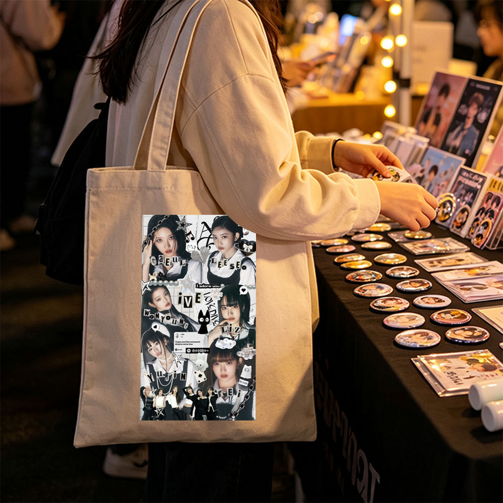 IVE Members in a Stylish Collage Featuring Fashion, Music Notes, and Cute Icons - Canvas tote bags