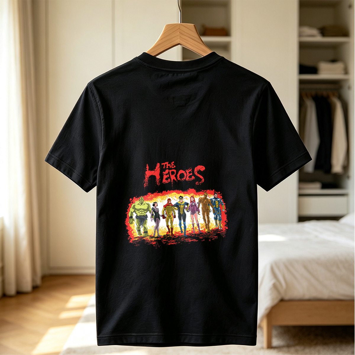 The Heroes: Green Hulk, Black Widow, Red Ranger, Blue Avenger, Pink Warrior, Golden Titan, and Blue Sentinel - Tee