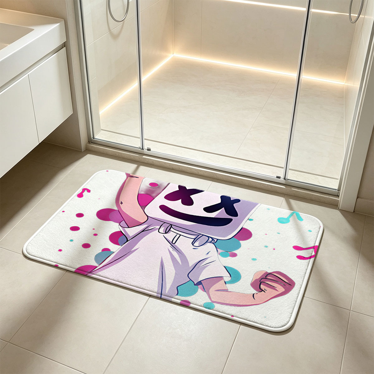 Marshmello Performing with Microphone, Music Notes, and Colorful Background - Flannel floor mat