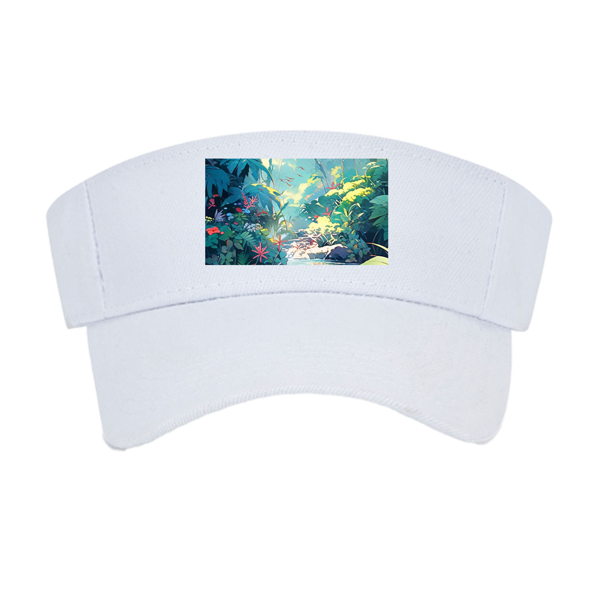 Lush Jungle Stream with Vibrant Flowers and Dappled Light -  Visor cap