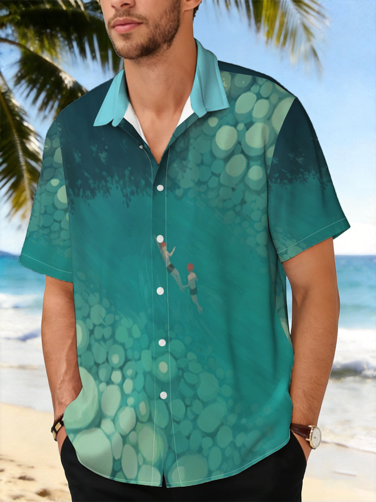 Two swimmers glide through a serene, rocky underwater tunnel. -  Shirt