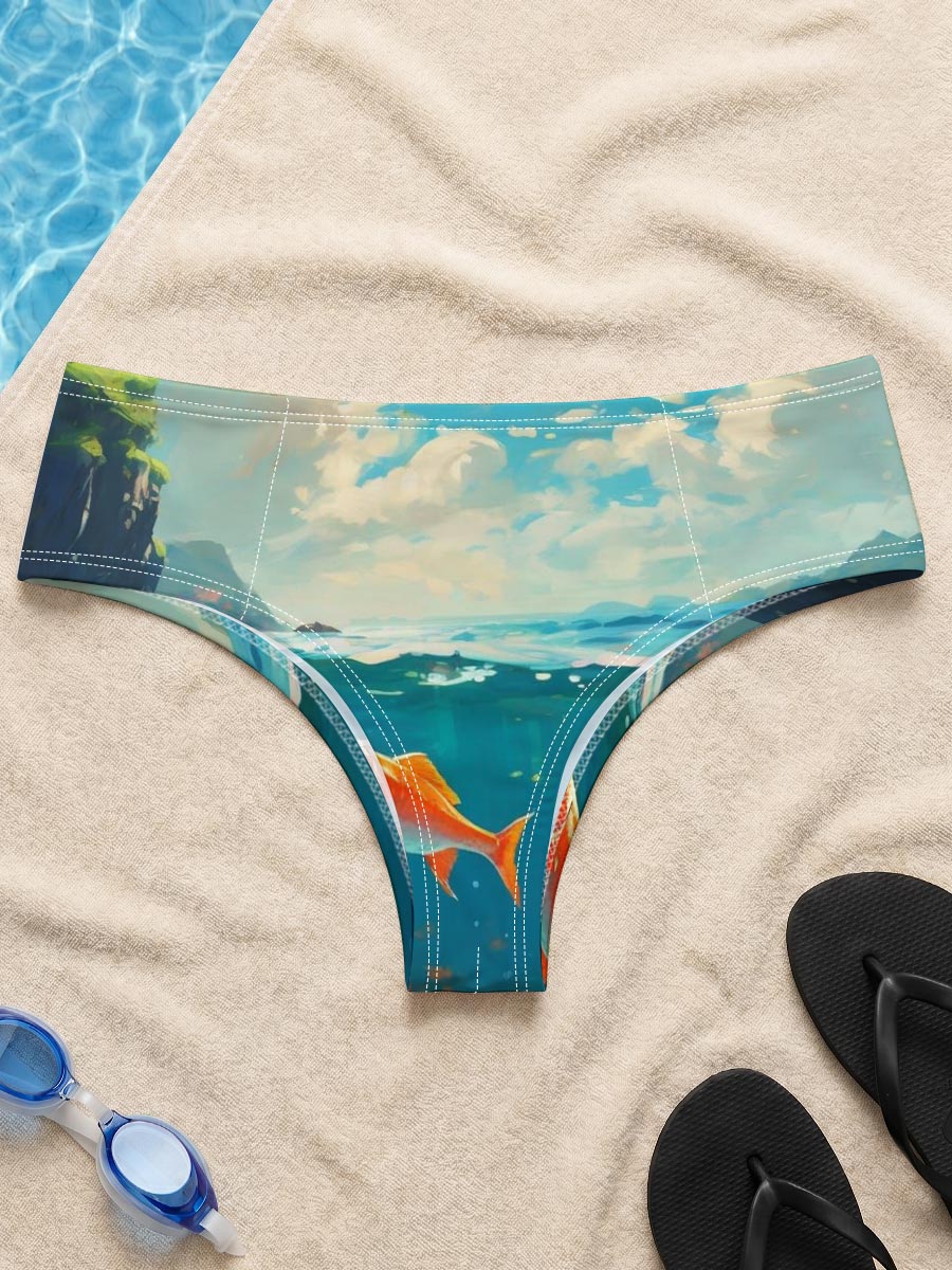 A vibrant orange fish swims gracefully in clear blue waters beneath a sunny sky. -  Men's swim trunks