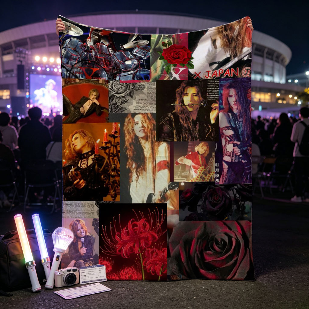 X Japan Band Members in Dramatic Performance and Artistic Portraits Featuring Red Roses and Gothic Imagery - Blankets