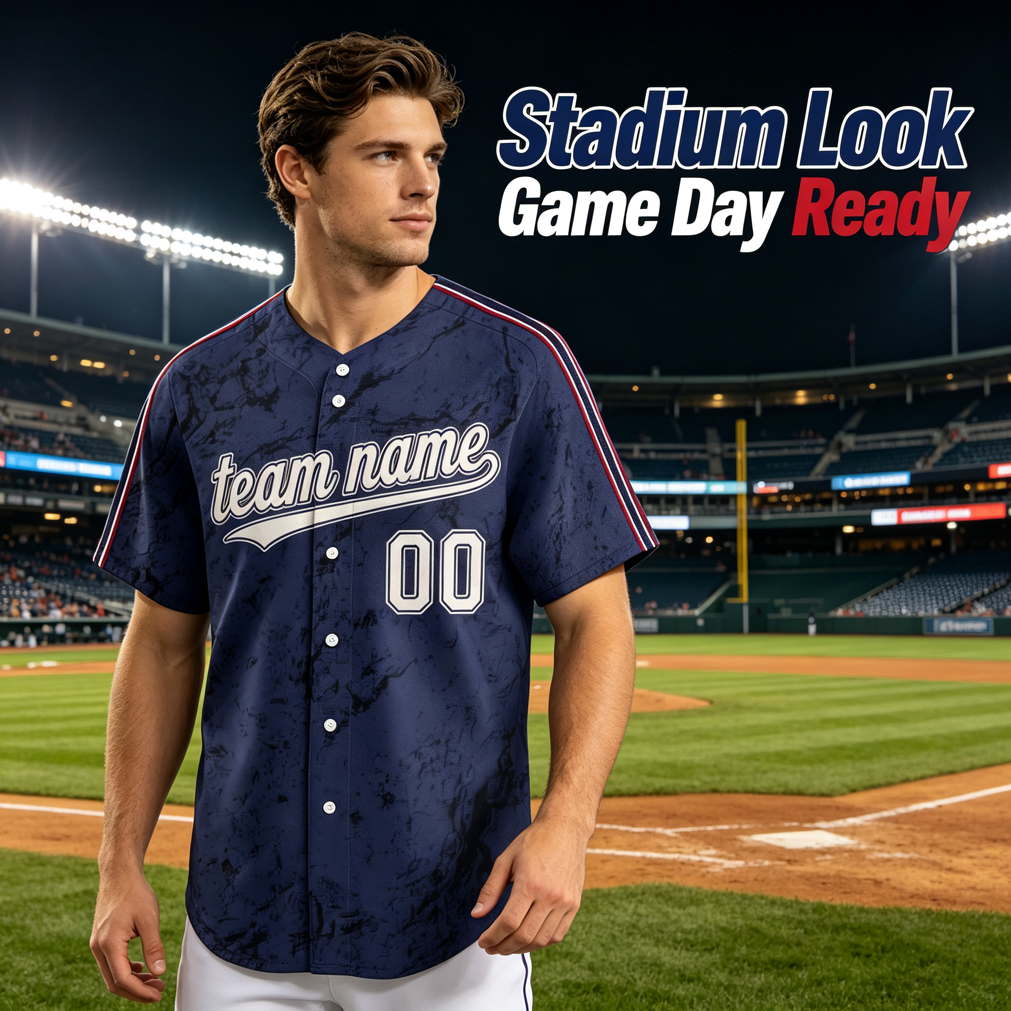 Custom Printed Cleveland City Style Baseball Jersey Heather Navy Textured Button Down Shirt for Men and Women